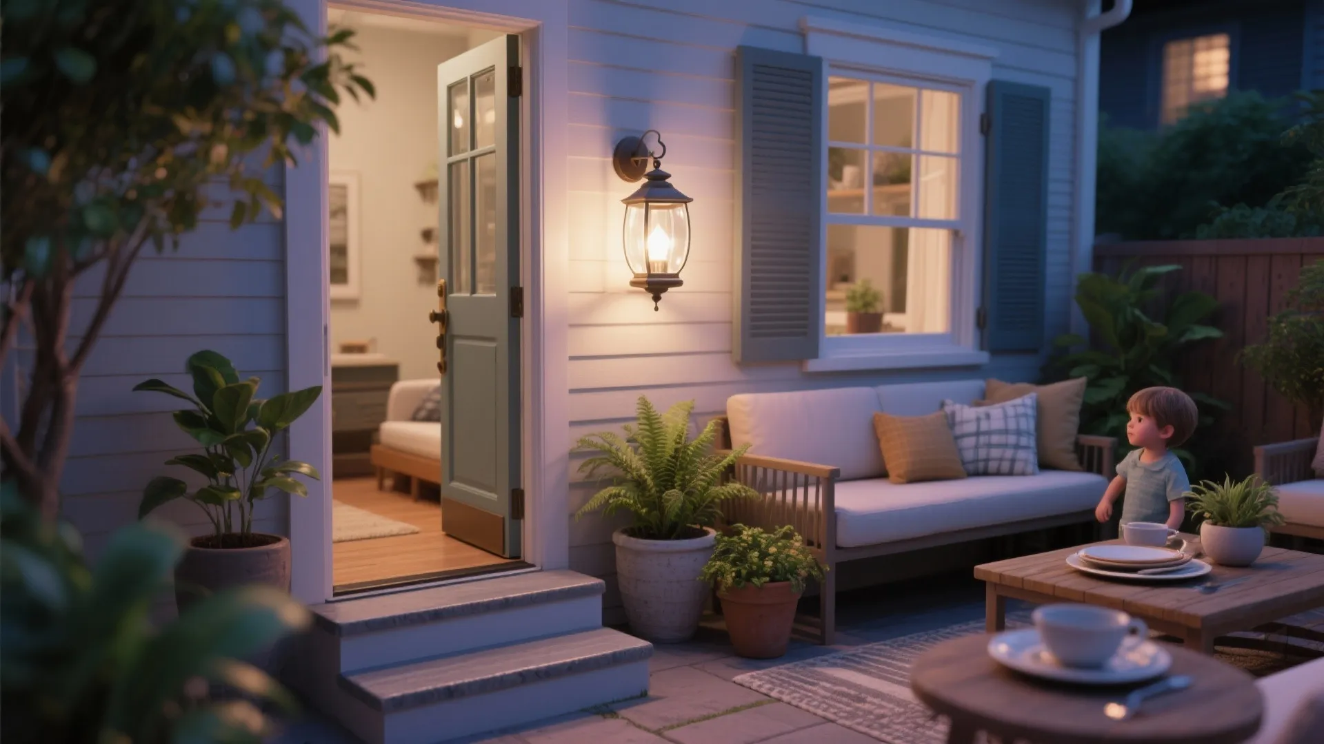 Small terrace entry with a frosted glass lantern casting soft 2700K diffuse light over seating and plants.