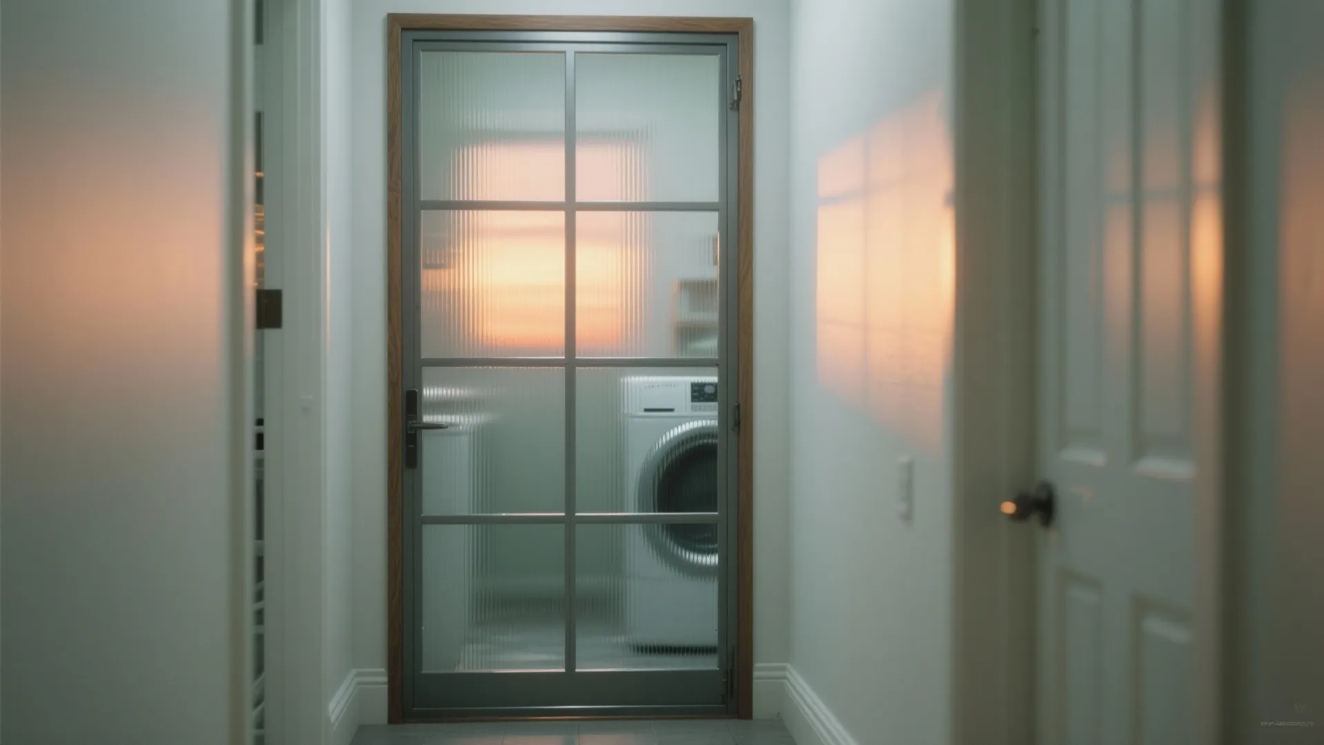 Frosted glass door with grey frame showing a washing machine inside a bright laundry room