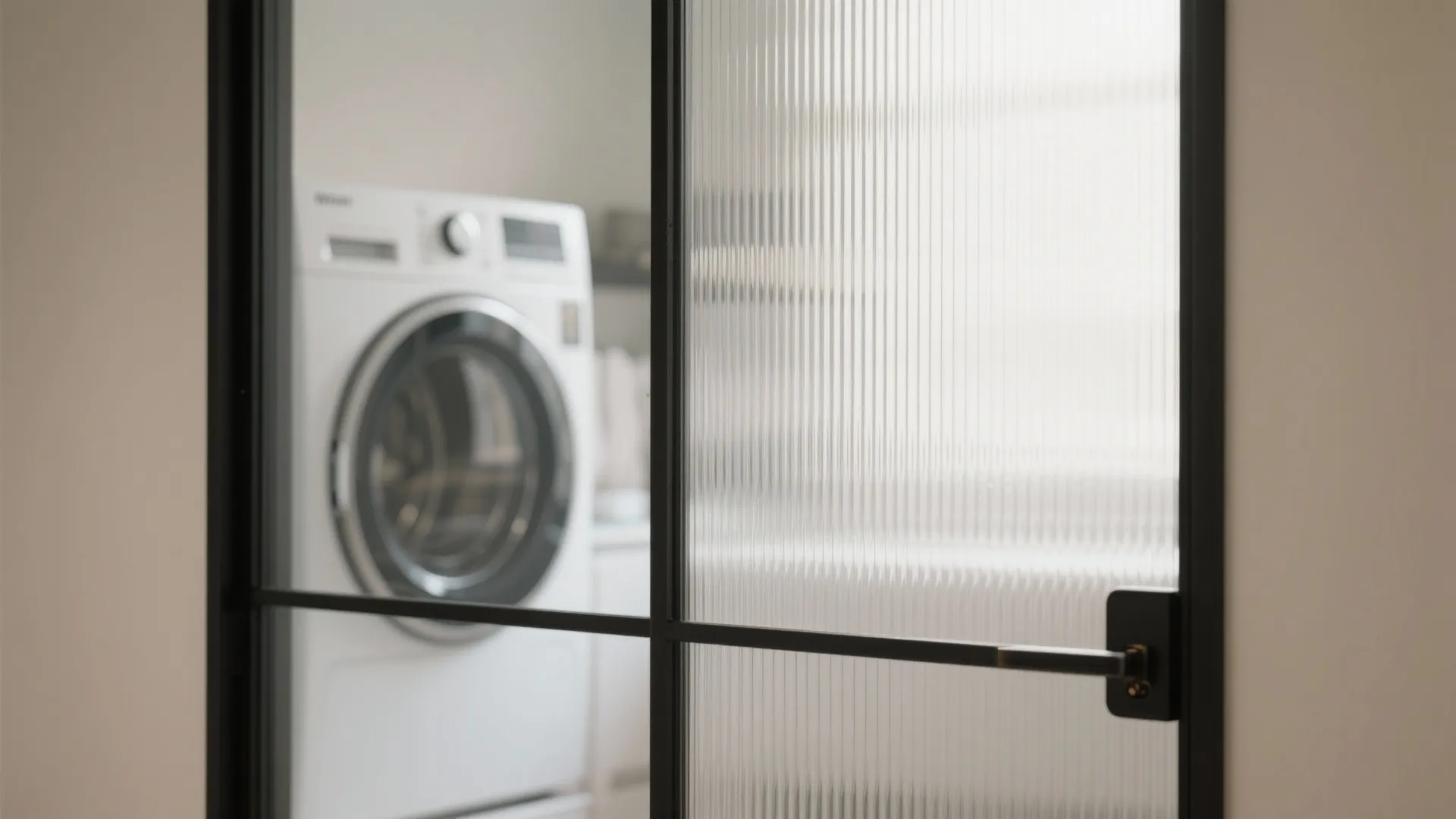 Modern black metal glass door opening to a laundry room with a white washing machine