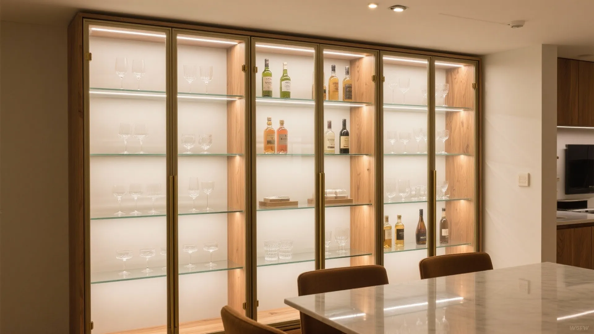 Glass-front showcase with layered lighting