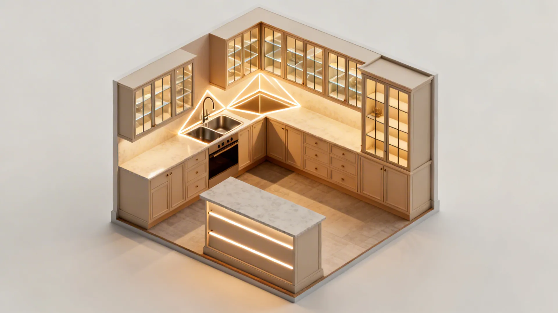 Top-down view of an L-shaped small kitchen showing a display triangle of glass-front zones and lighting.