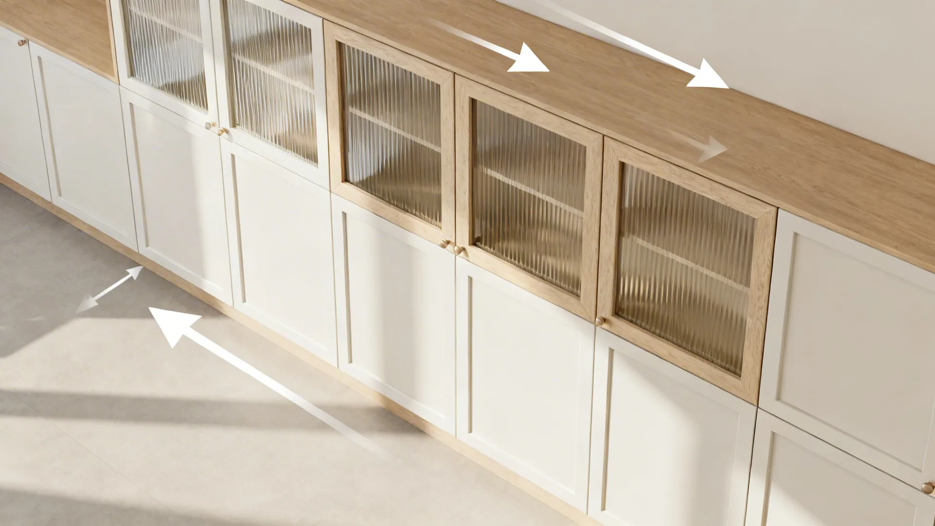 Top-down view of upper cabinets indicating where to use glass inserts for light and depth.