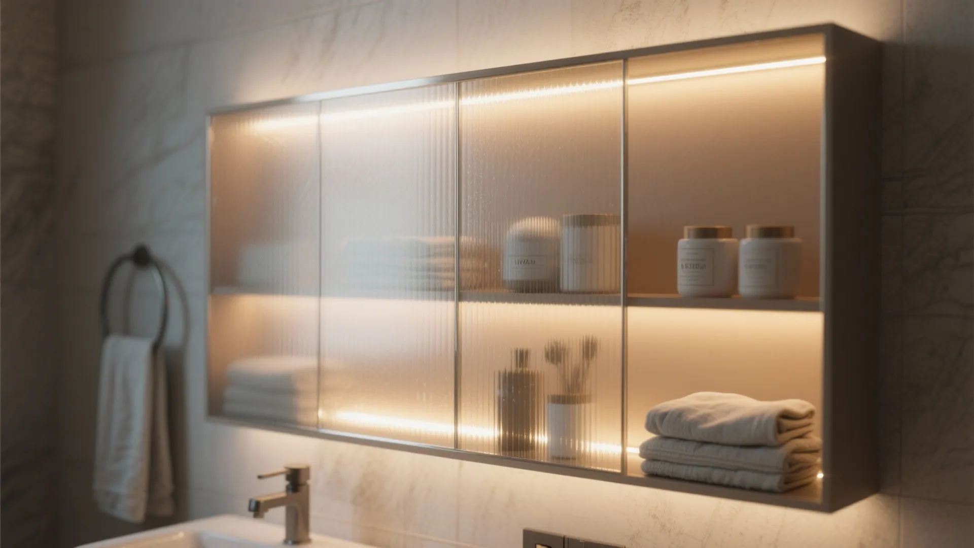 Frosted glass-front cabinet with soft interior LED lighting and tidy contents.