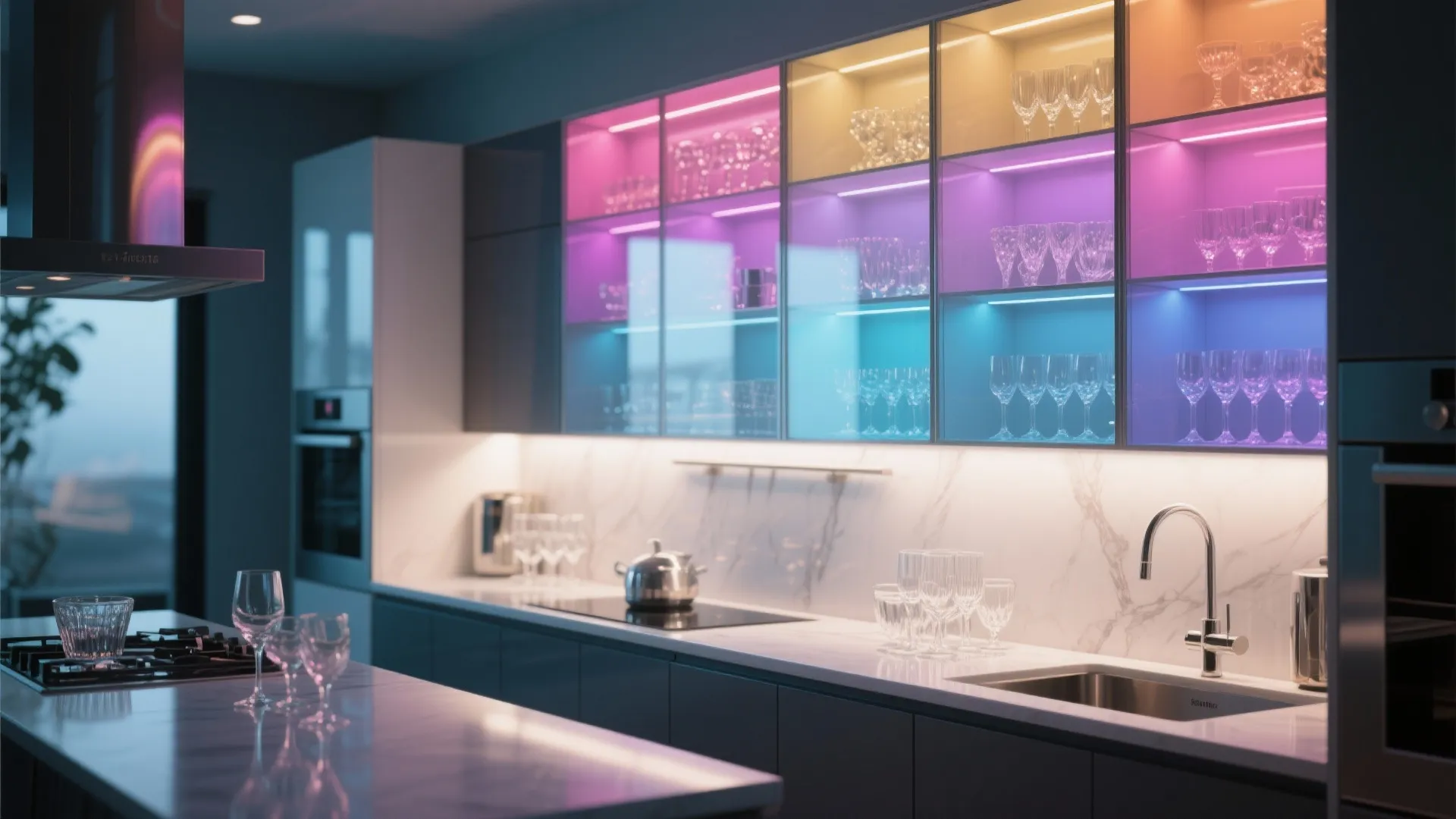 1. Glass-Front Cabinets with Colored LED Backlighting