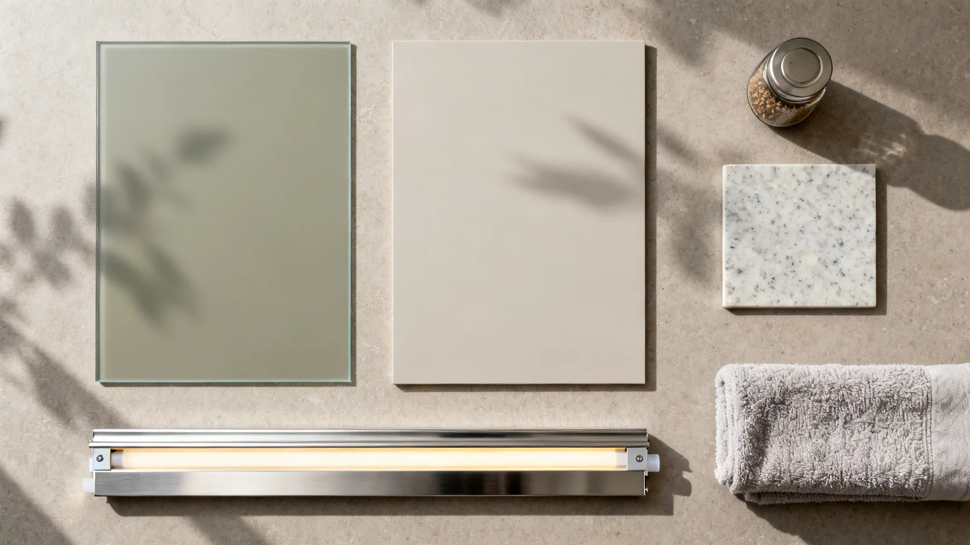 Flat lay of back-painted glass, quartz, matte laminate, stainless trim, and warm LED strip.