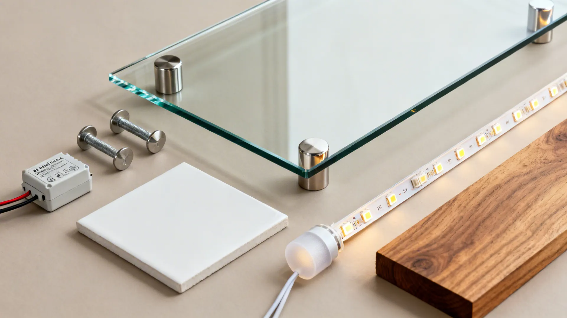 Flatlay of tempered glass, metal standoffs, warm LED strip, transformer, and tile sample.