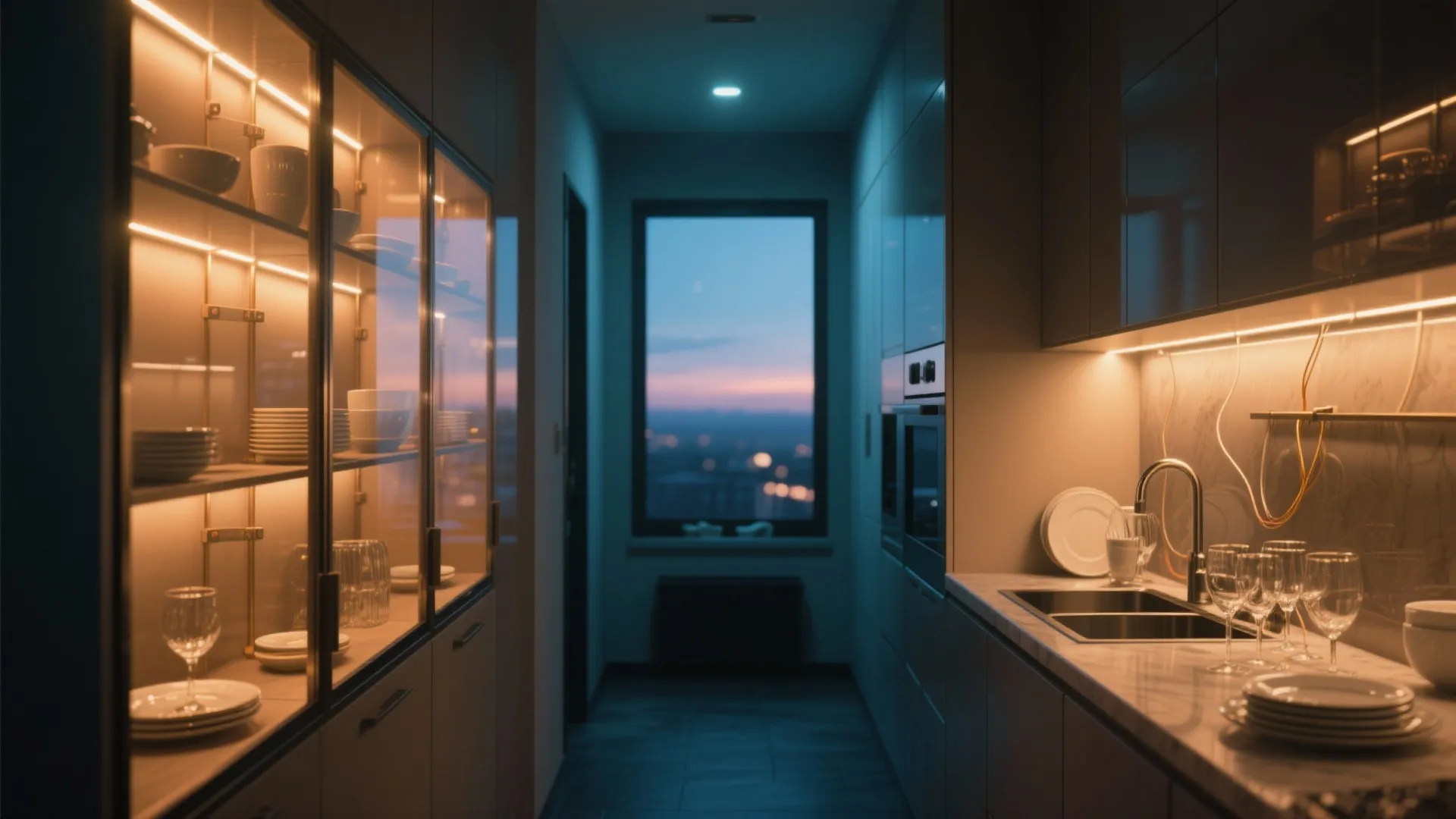 Modern dark kitchen with lit glass cabinet shelves displaying dishes near a large evening window