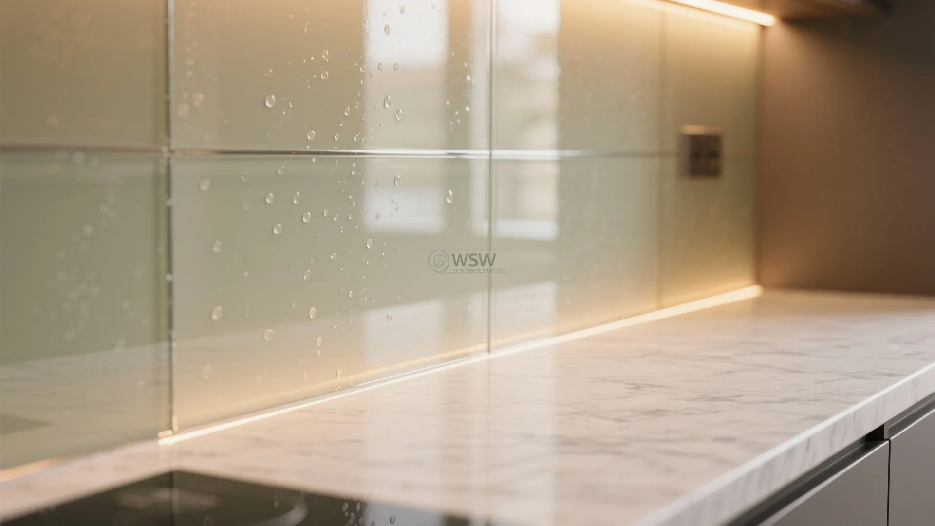 Glass backsplash and reflective finishes