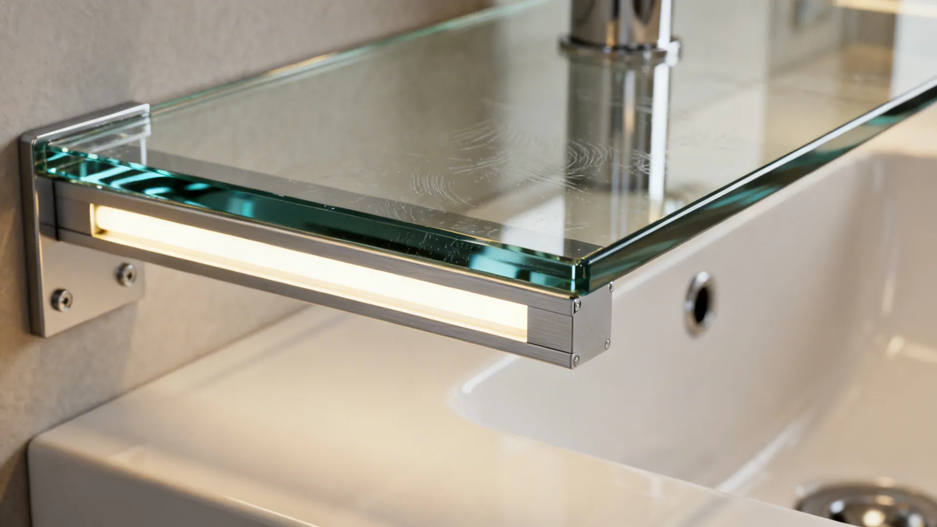 Macro of glass shelf edge, bracket, and LED diffuser angled toward the sink.