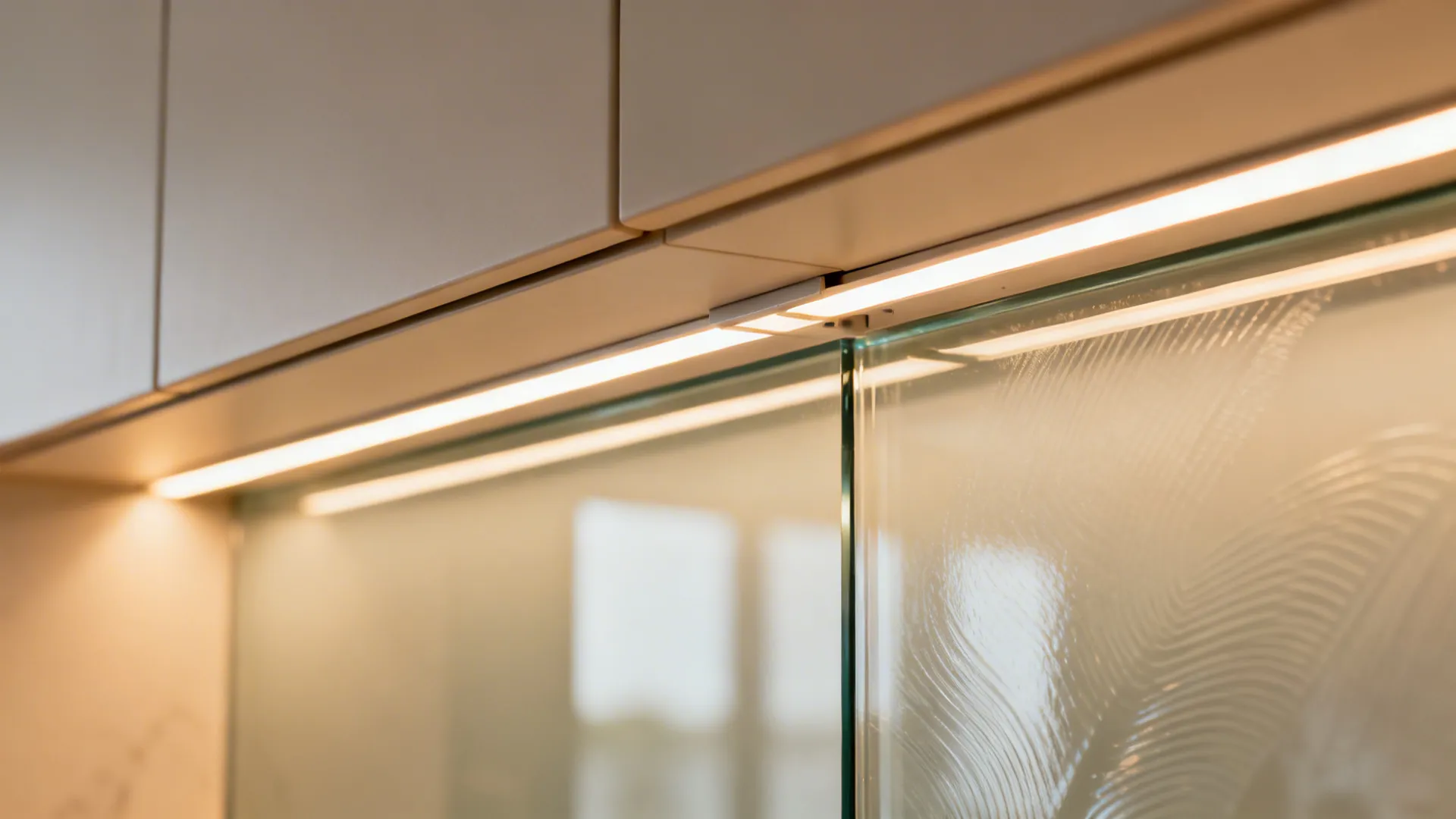 Close-up of linear LED channel aligned with a low-iron glass backsplash.