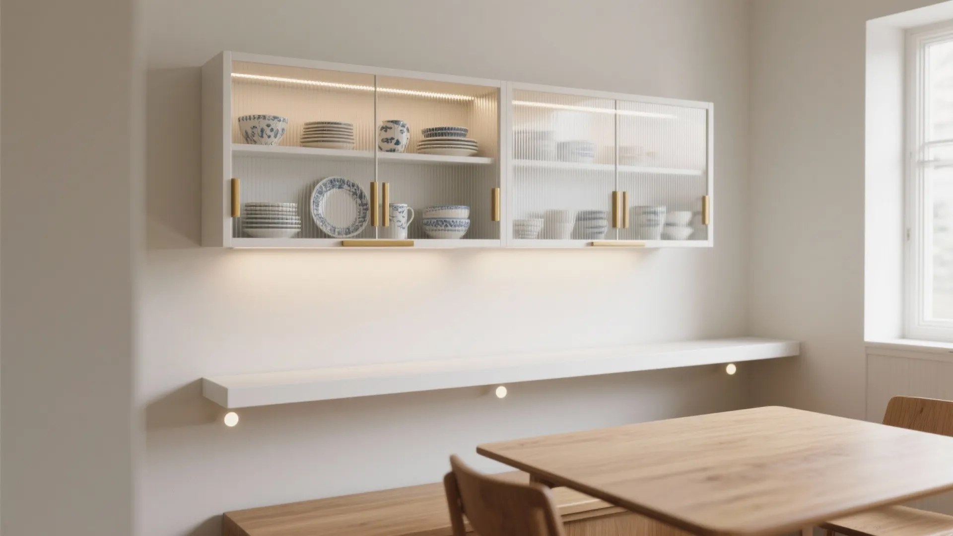 Glass-front, wall-mounted crockery ledge