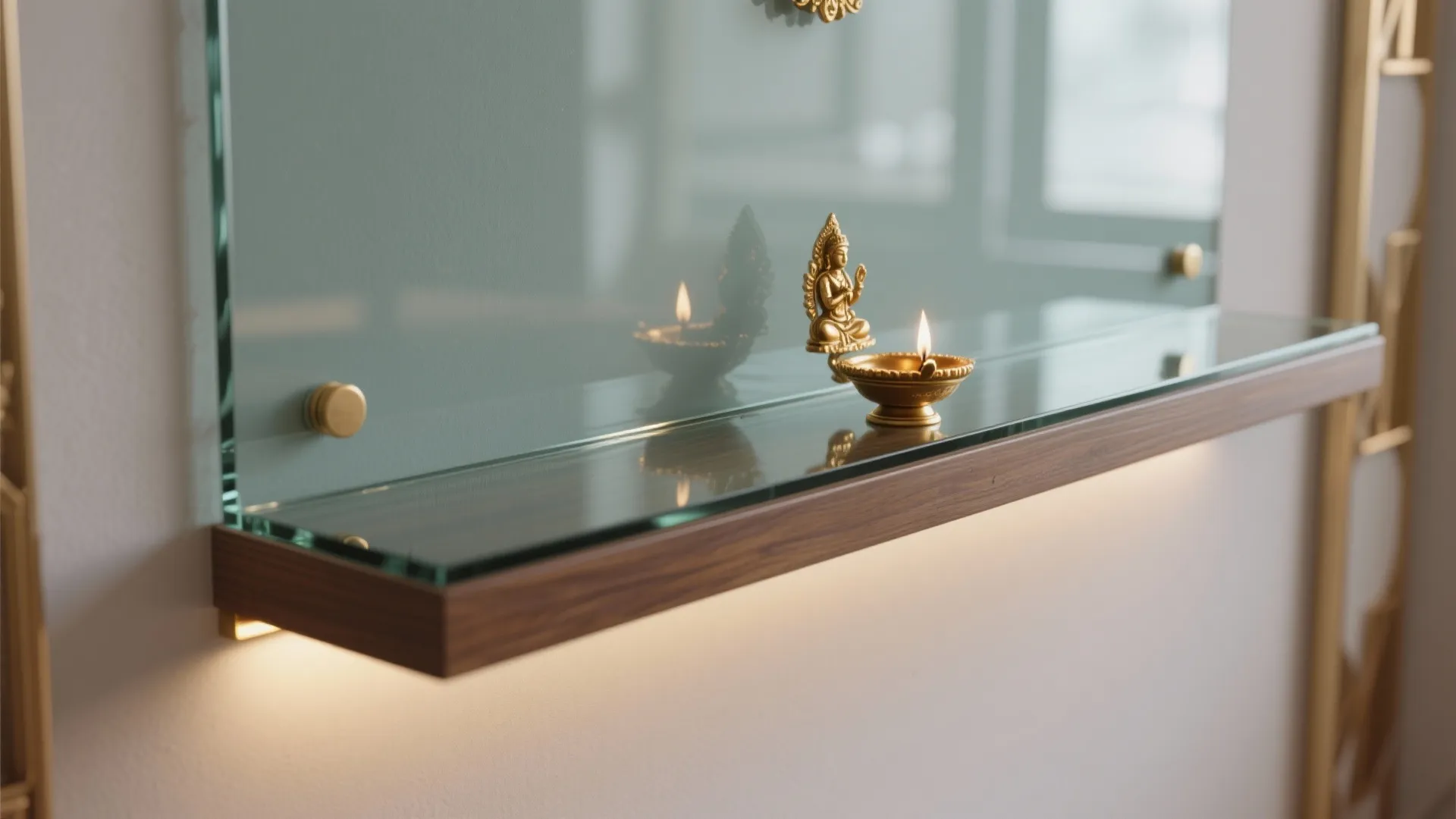 Close-up of a glass wall shelf with a small golden statue and warm light fixture
