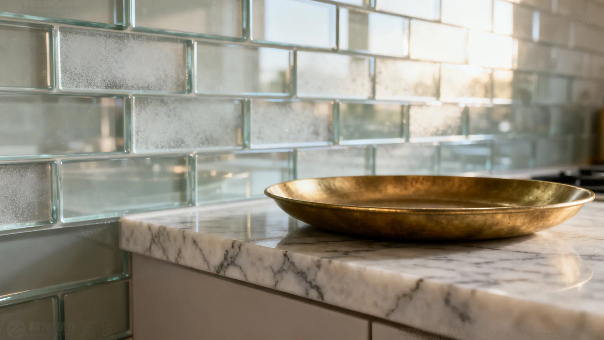 Macro of tempered glass backsplash, quartz ledge, and brass thali catching morning light.
