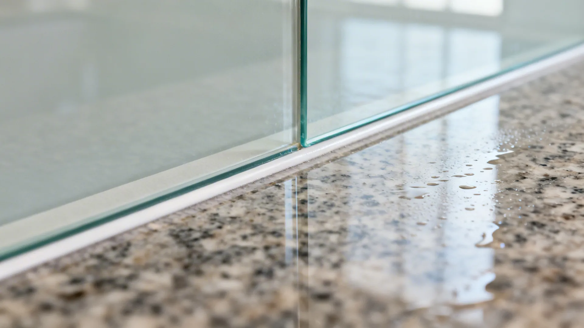 Macro of tempered glass backsplash ledge and clean silicone seam above granite.