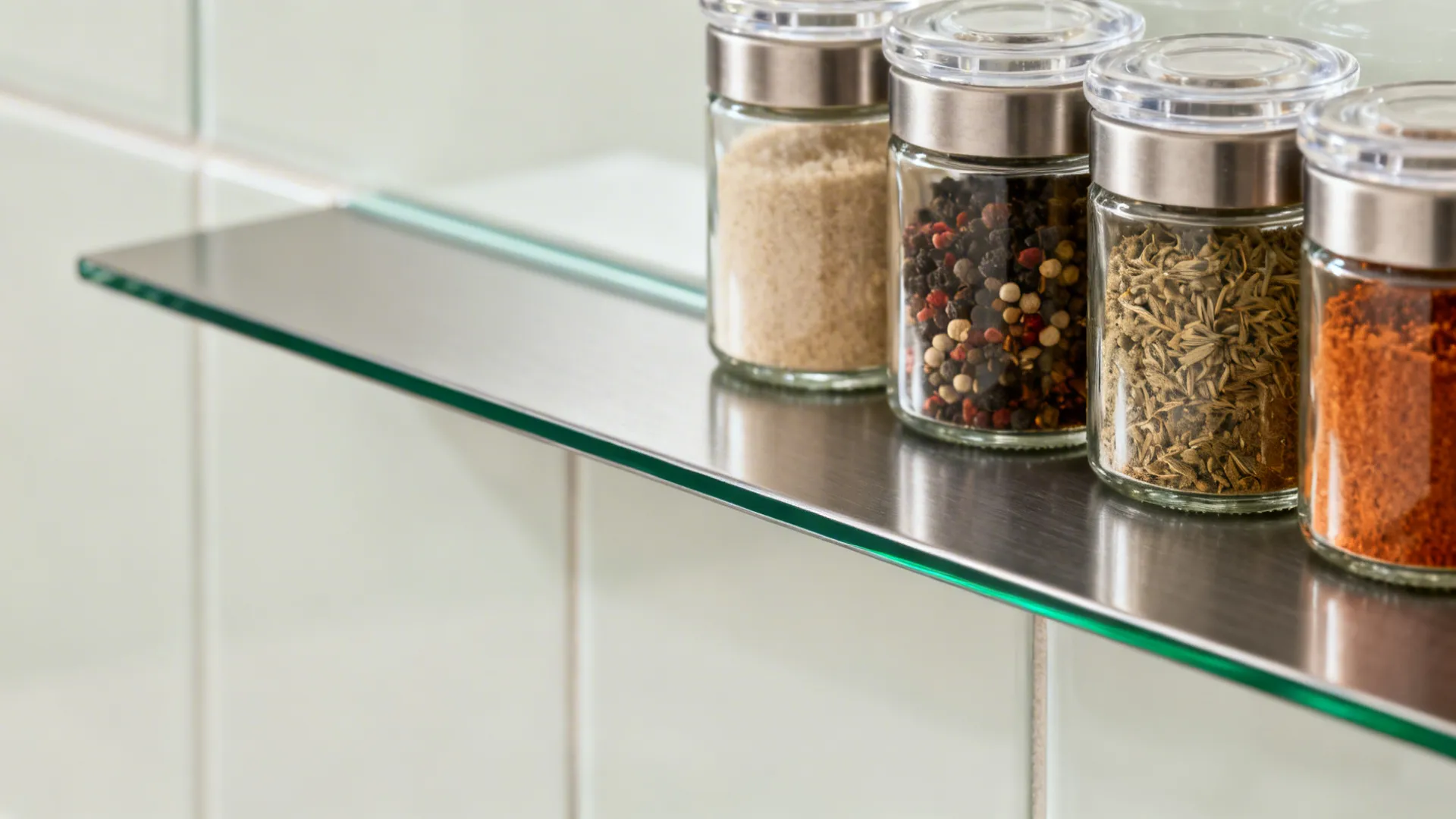 Close-up of a tempered glass backsplash and slim steel ledge holding spice jars.