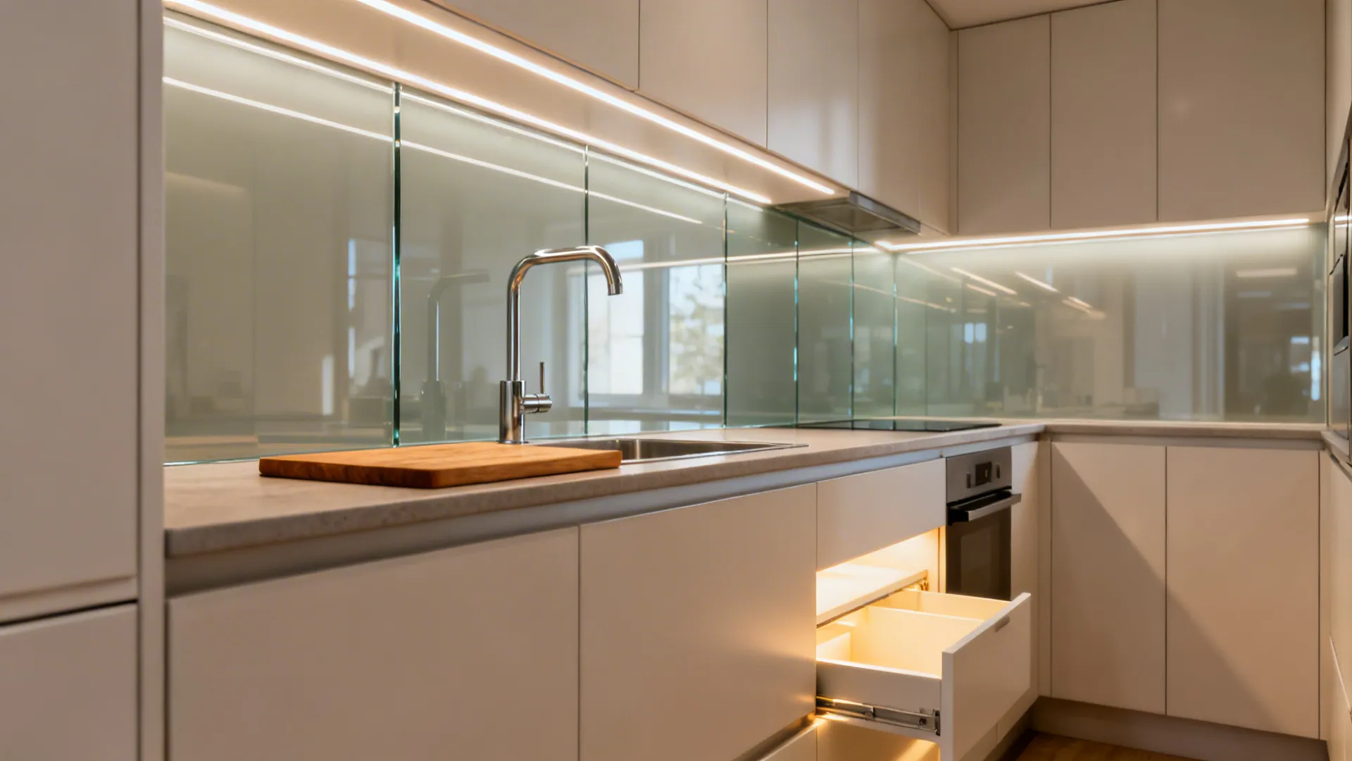 Modern kitchen with white cabinets glass wall panels light fixtures sink and an open drawer