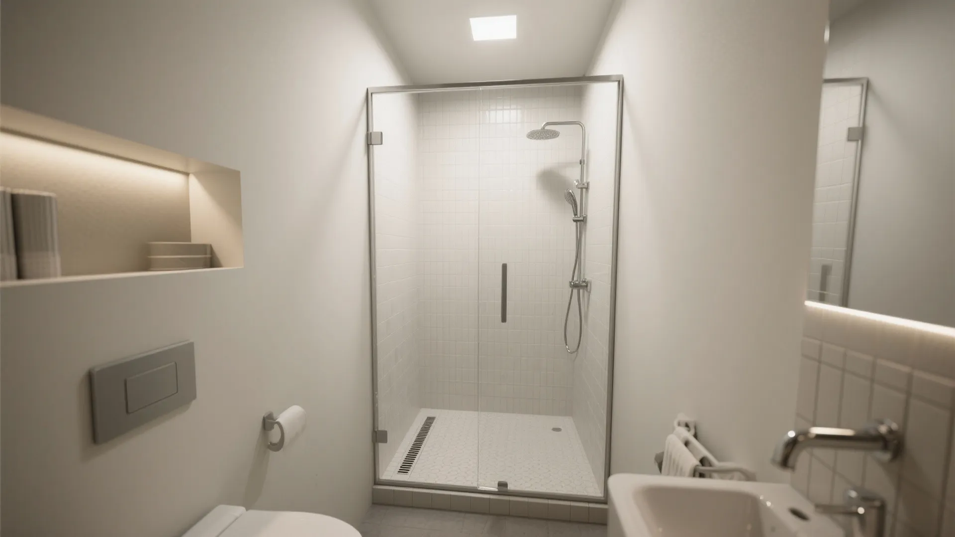 Modern white bathroom with glass shower door silver shower head toilet and small white sink