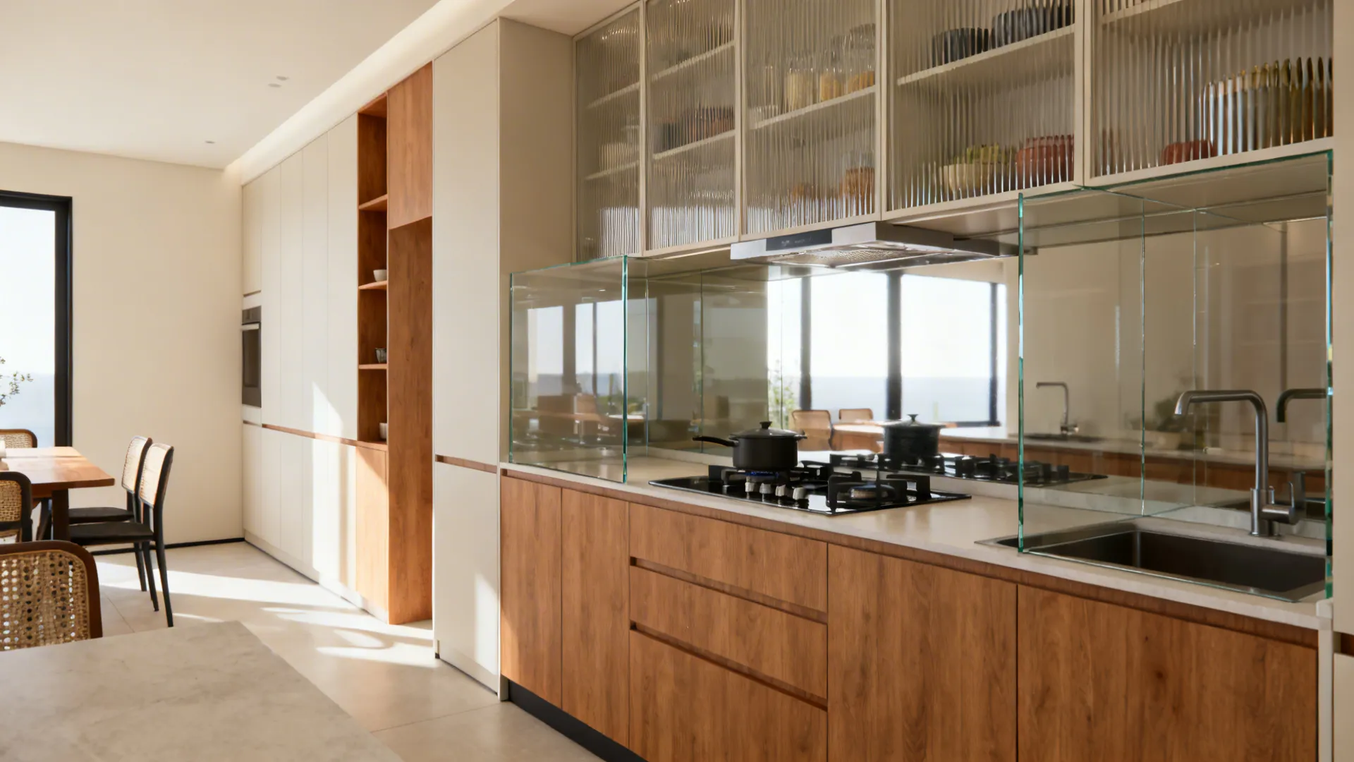 Glass backsplash and fluted glass doors reflect daylight while a clear partition keeps the cook zone open.