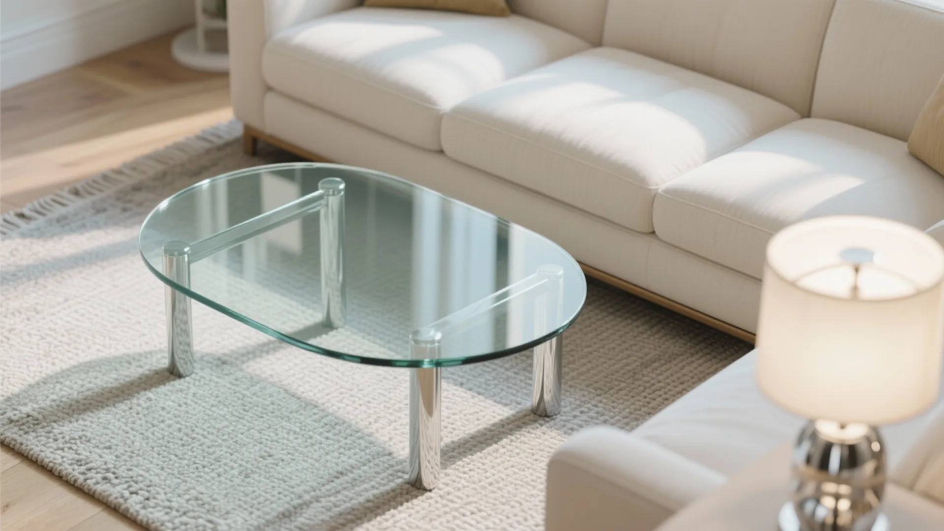 Tempered glass coffee table with rounded corners on a textured rug beside pale upholstery.