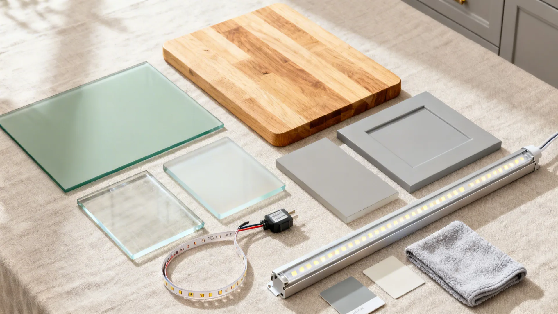 Flat lay of back-painted glass, LED diffuser channel, wood, and pale gray cabinet finishes.