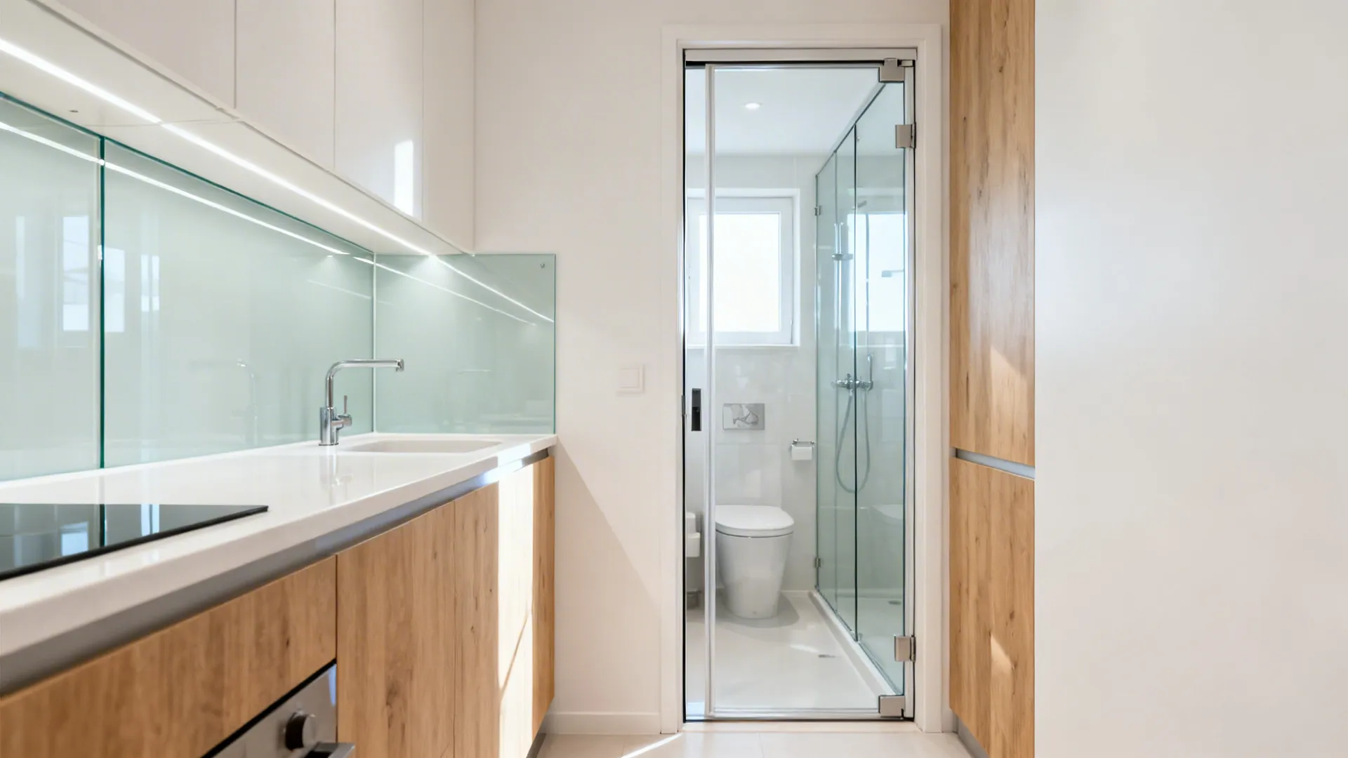 Small kitchen with low-iron glass backsplash and bathroom with fixed glass shower panel.