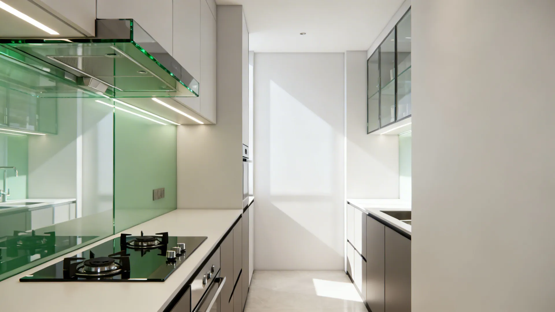 Narrow galley kitchen with low-iron glass backsplash and a glass-front hood reflecting soft daylight.