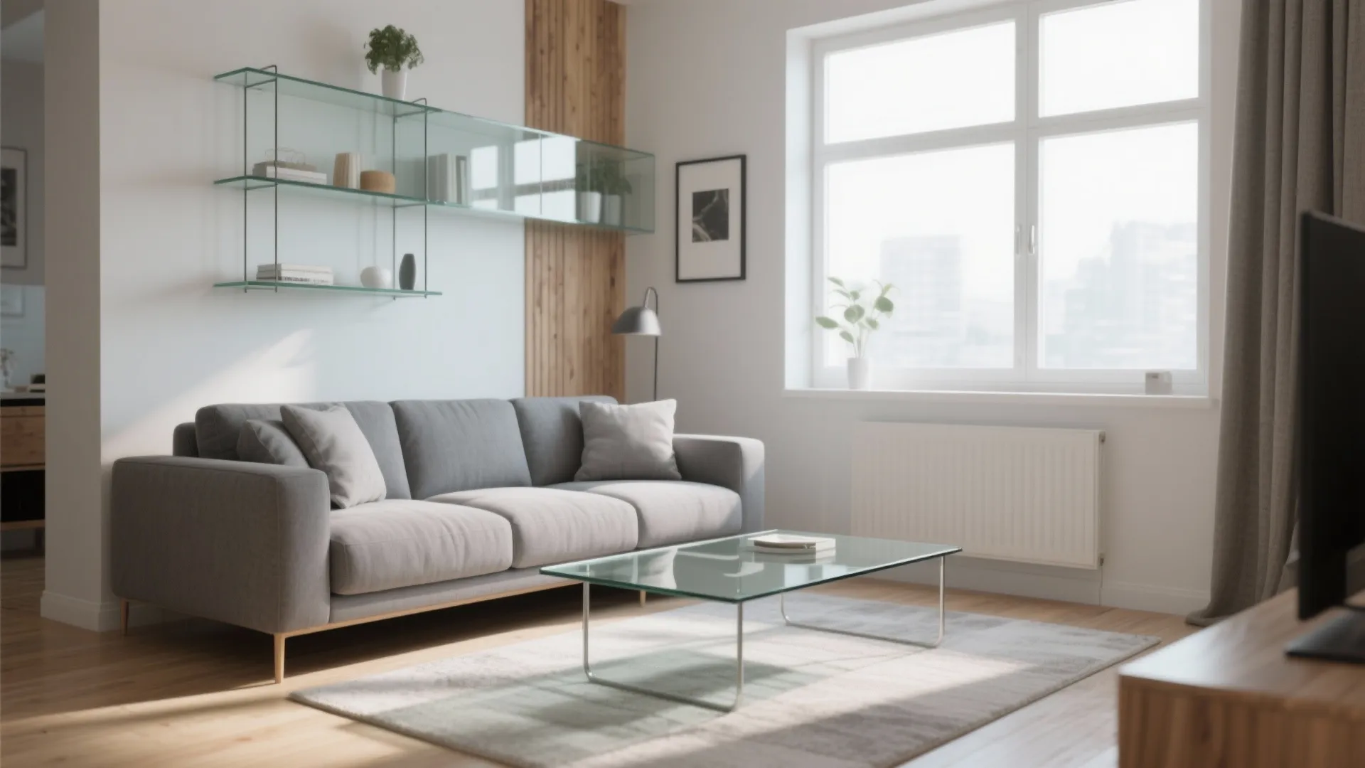 Grey sofa with glass furniture reflecting natural light