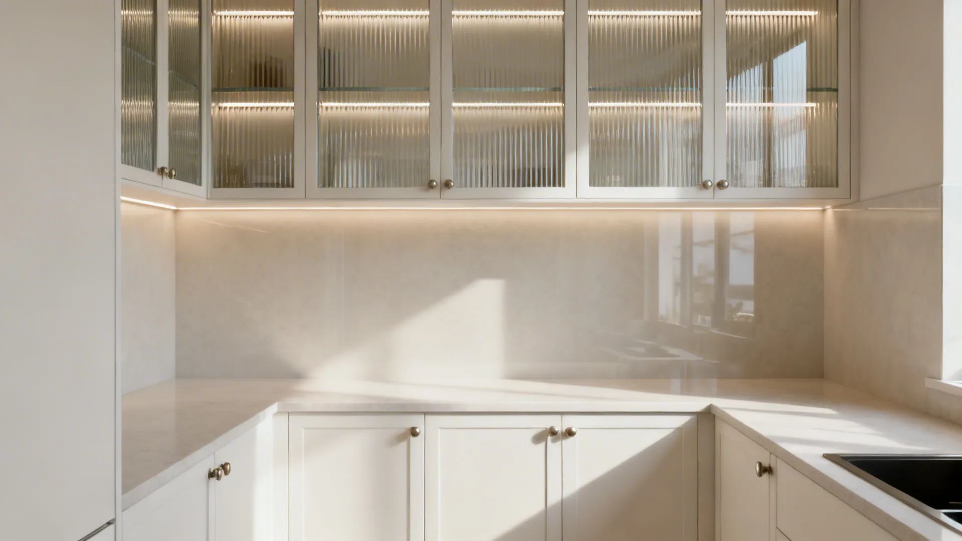 White kitchen cabinets with glass doors internal light fixtures under cabinet lighting and clean countertop