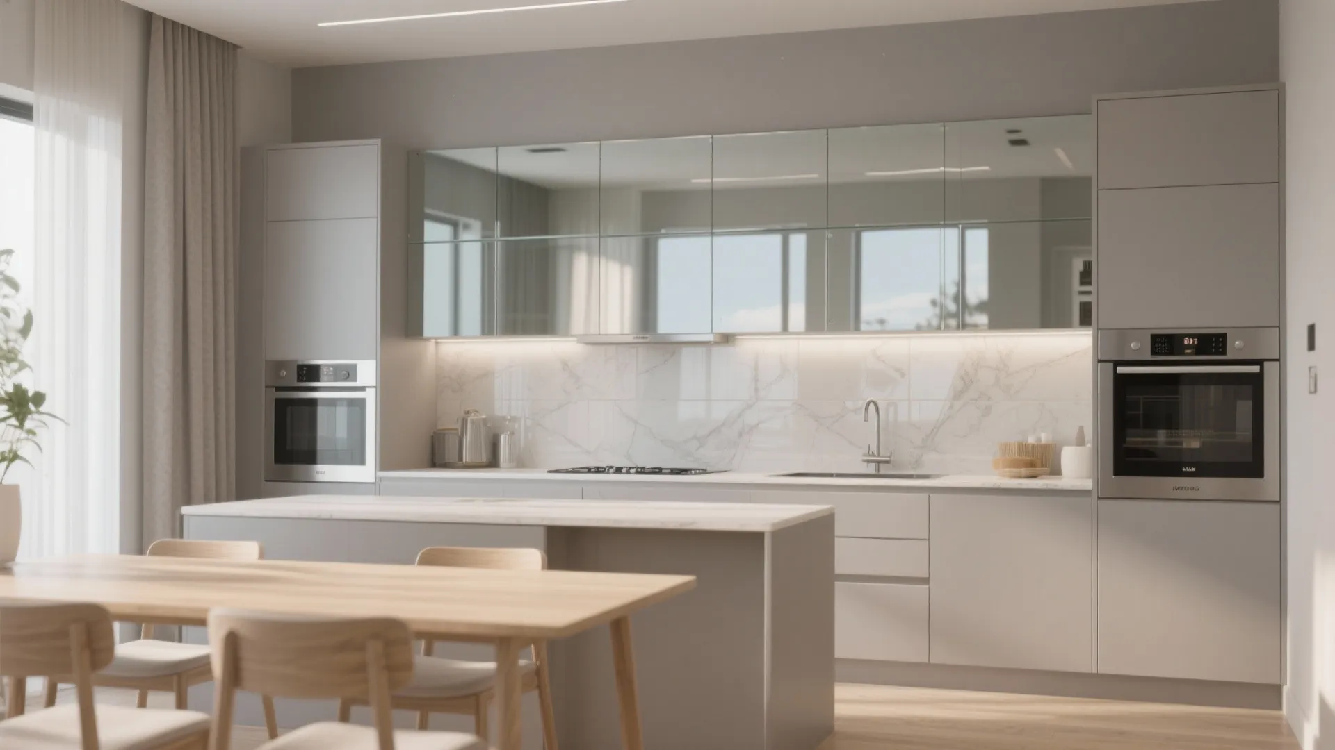 Modern kitchen with grey cabinets glass wall storage marble countertop wooden dining table and natural light