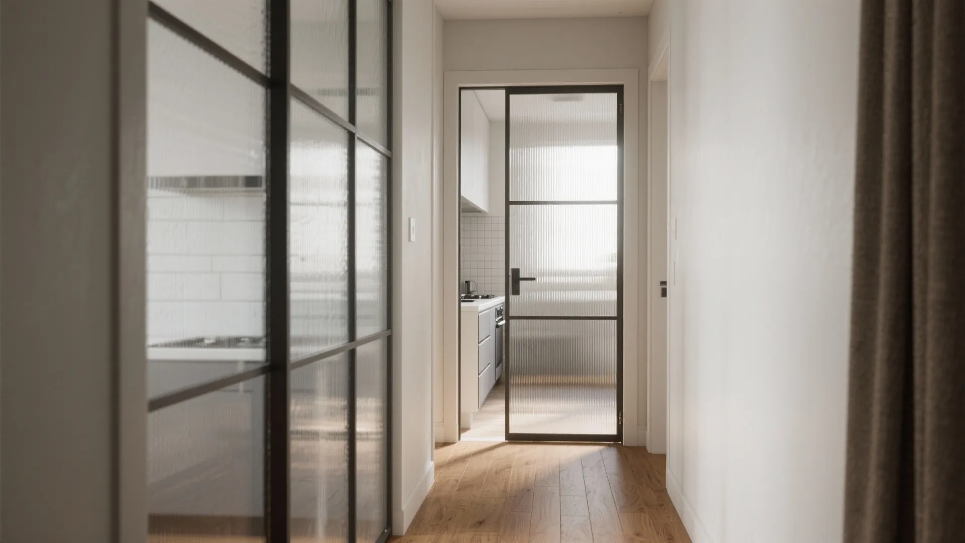 White hallway leading to a kitchen with glass door panels and natural sunlight on floor