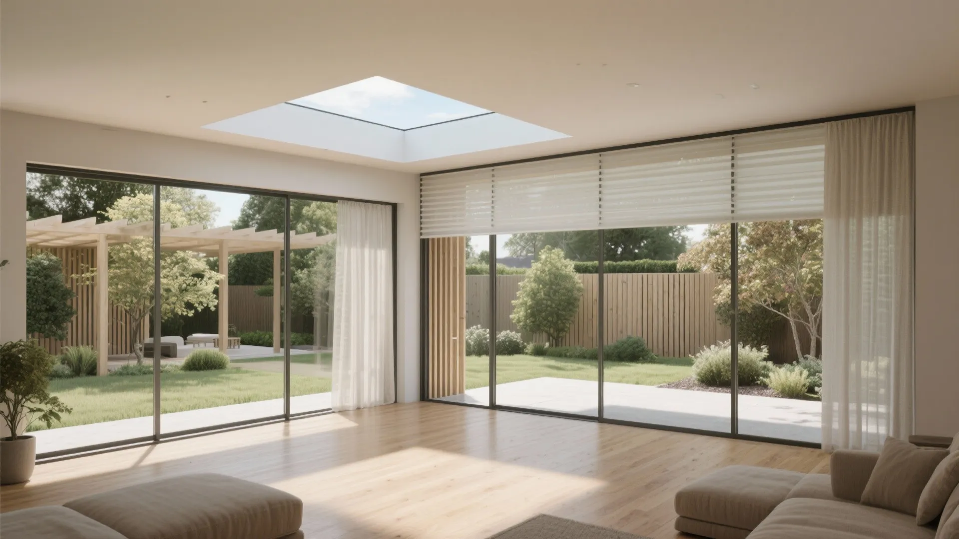 South-facing garden room with slim-frame glazing, rooflight, sheer blinds, and seasonal shading.