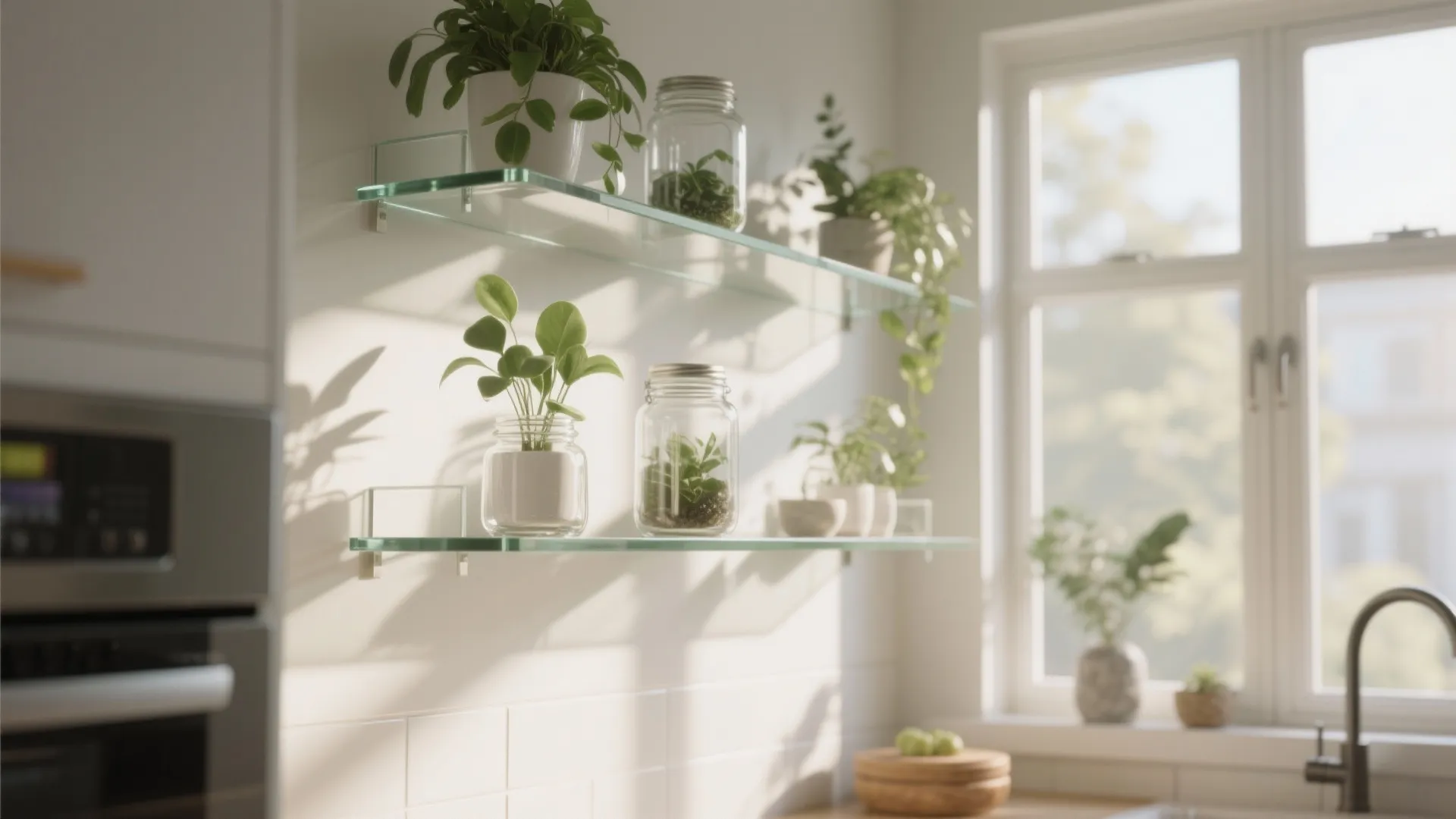 Glass shelves for light flow