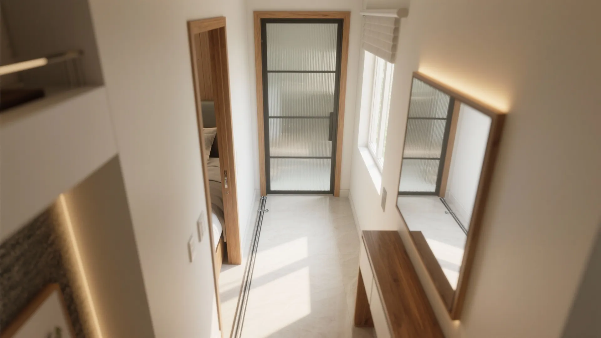Top view of narrow hallway with white walls wooden door frames large mirror and natural lighting