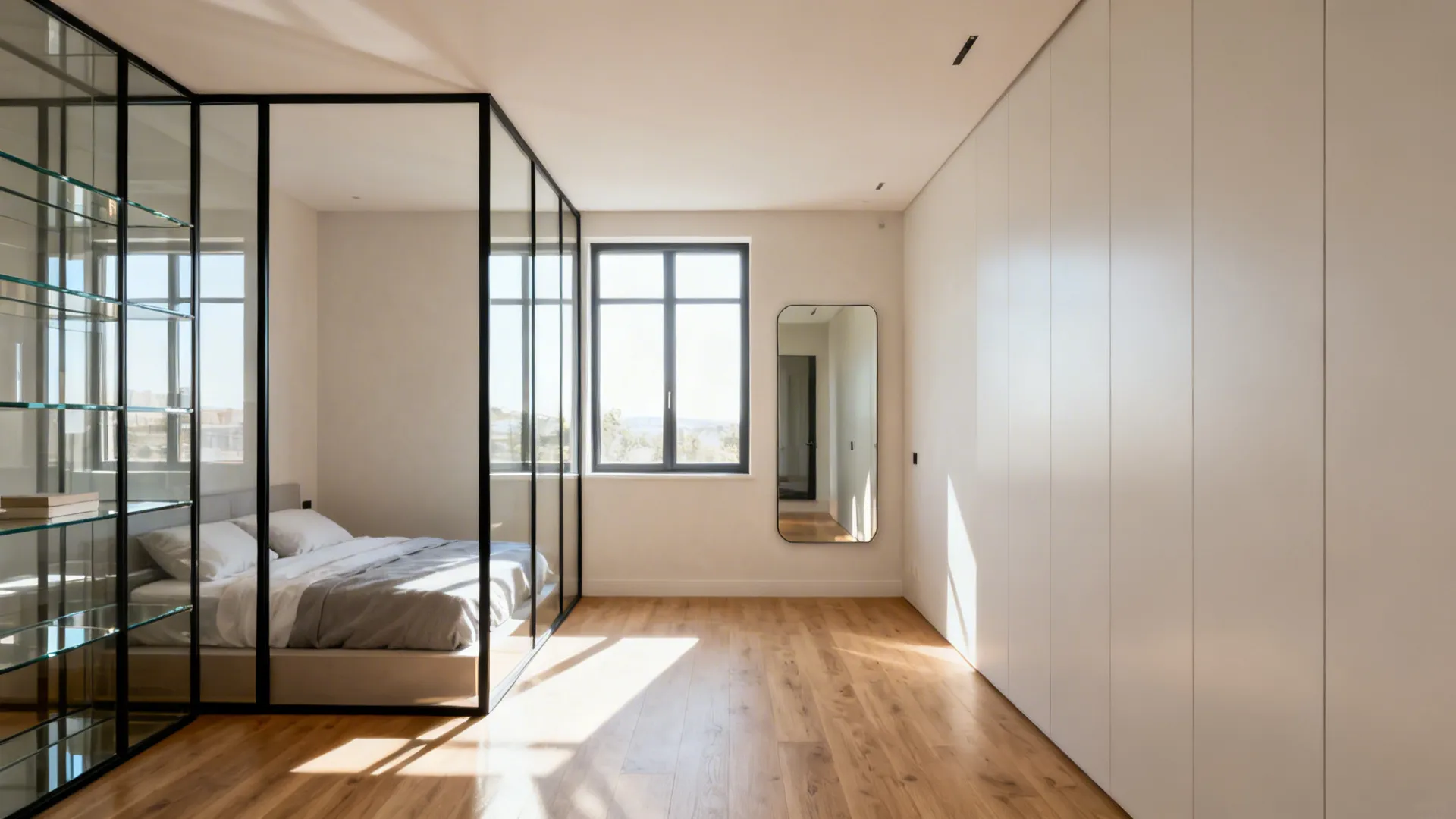 Small studio with half-height glass divider and a large mirror reflecting daylight.