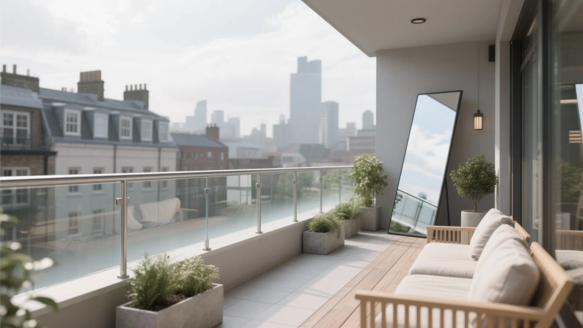 Modern balcony with city view wood floor white sofa large mirror and green potted plants