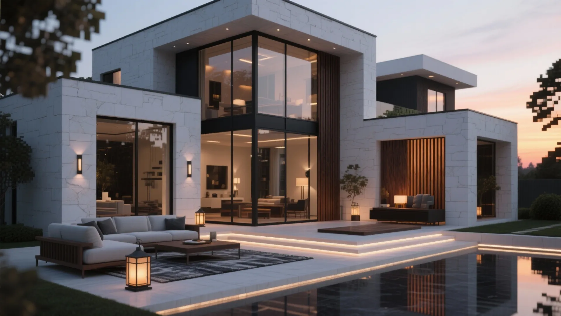 Modern house with white stone walls large glass windows outdoor pool and white patio furniture