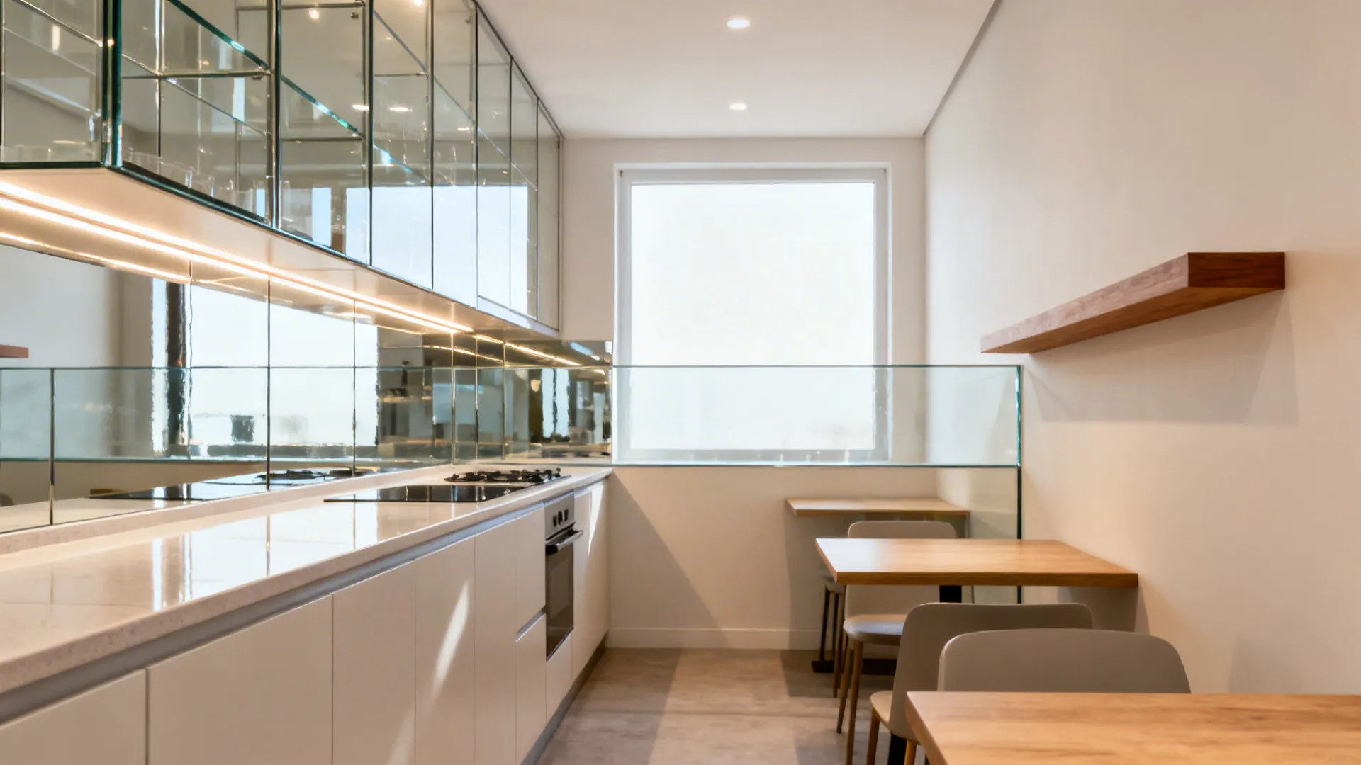 Compact kitchen with low-iron glass uppers and a reflective backsplash brightening the space.