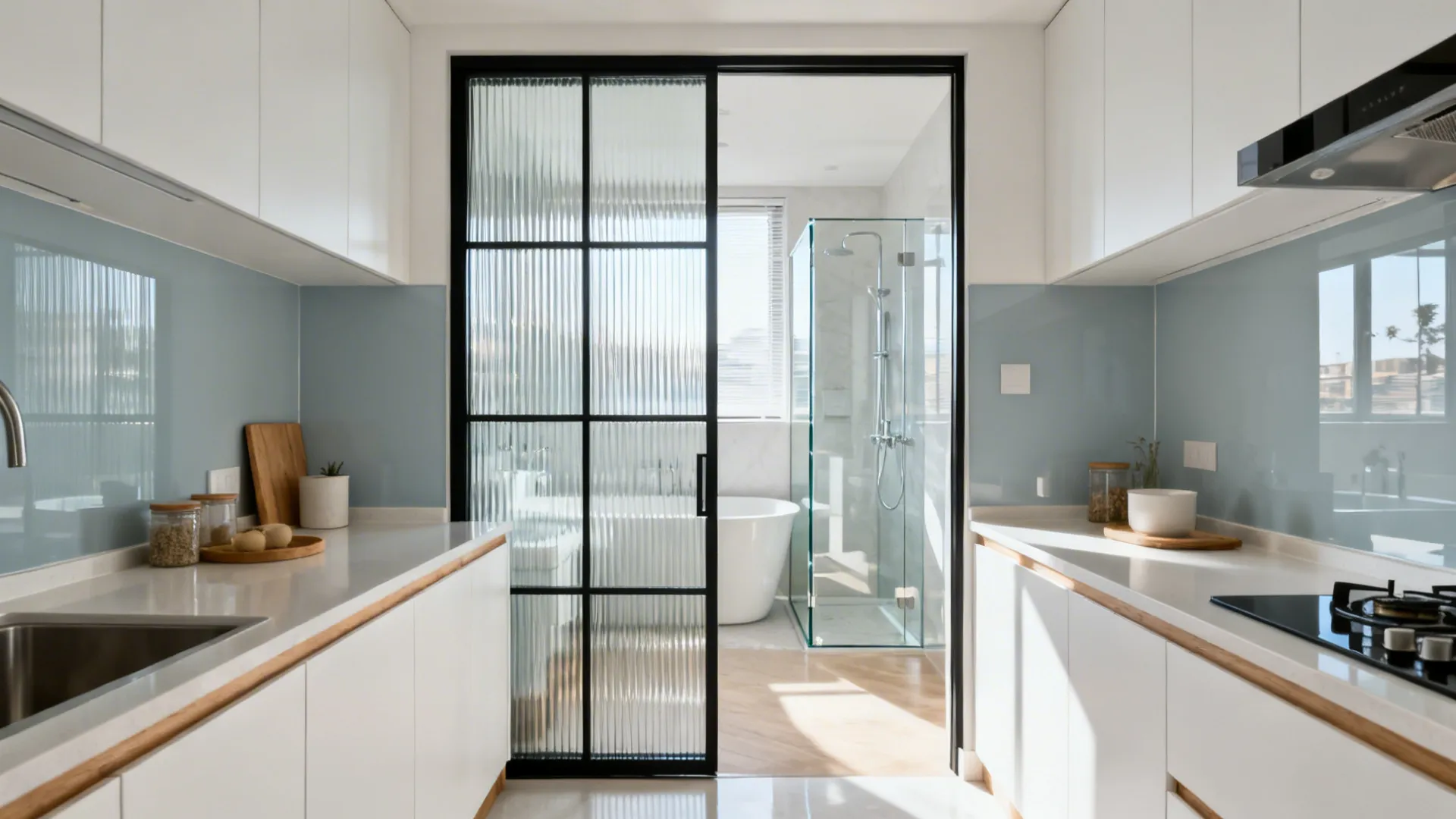 Small kitchen with back-painted glass backsplash and fluted glass pantry door reflecting light.