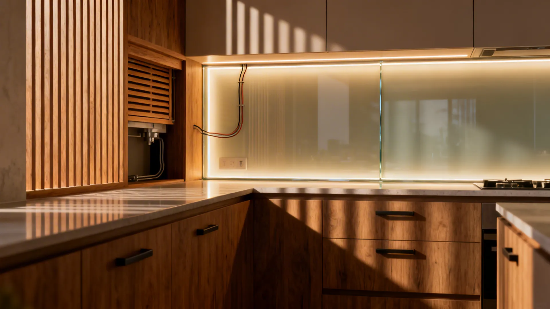 Exhibit kitchen with a glowing glass backsplash and vertical slatted oak shutter.