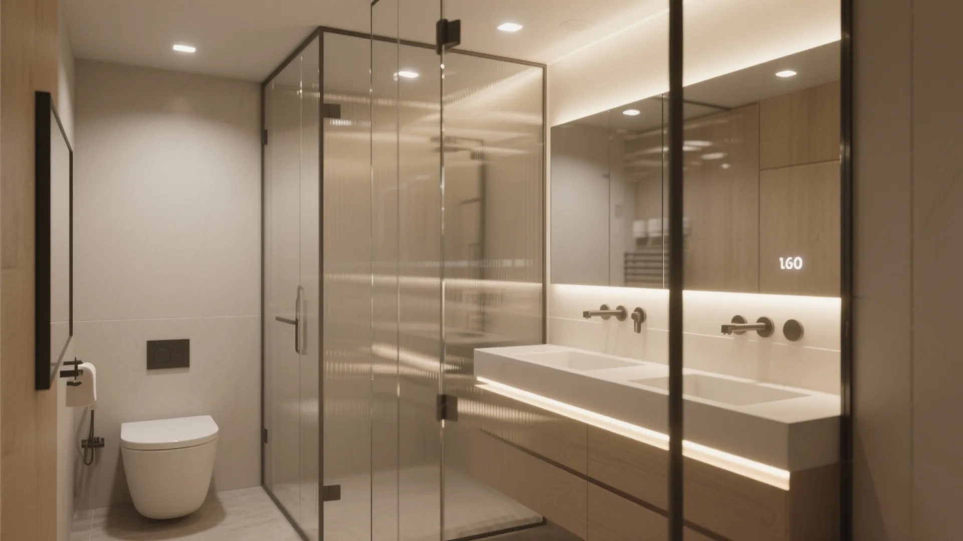 Modern bathroom with glass shower door double sink wooden cabinet large mirror and warm lights