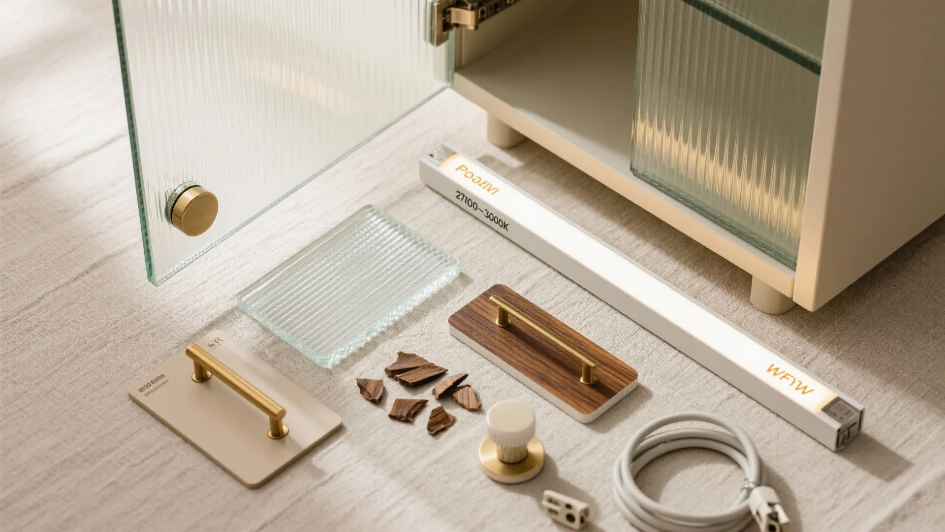 Modern cabinet hardware accessories including gold handles and warm light fixture on a beige cloth