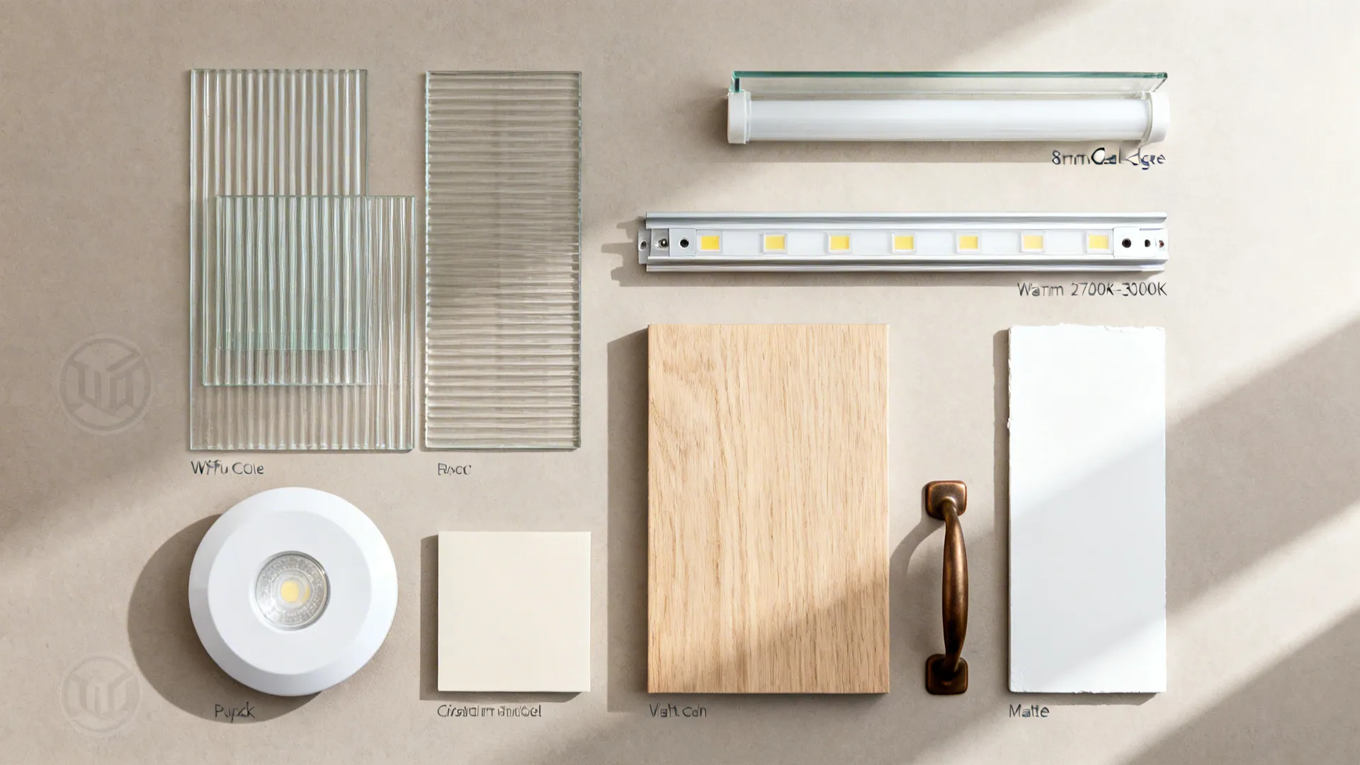 Material board with ribbed glass wood tile light fixtures and a simple bronze cabinet handle