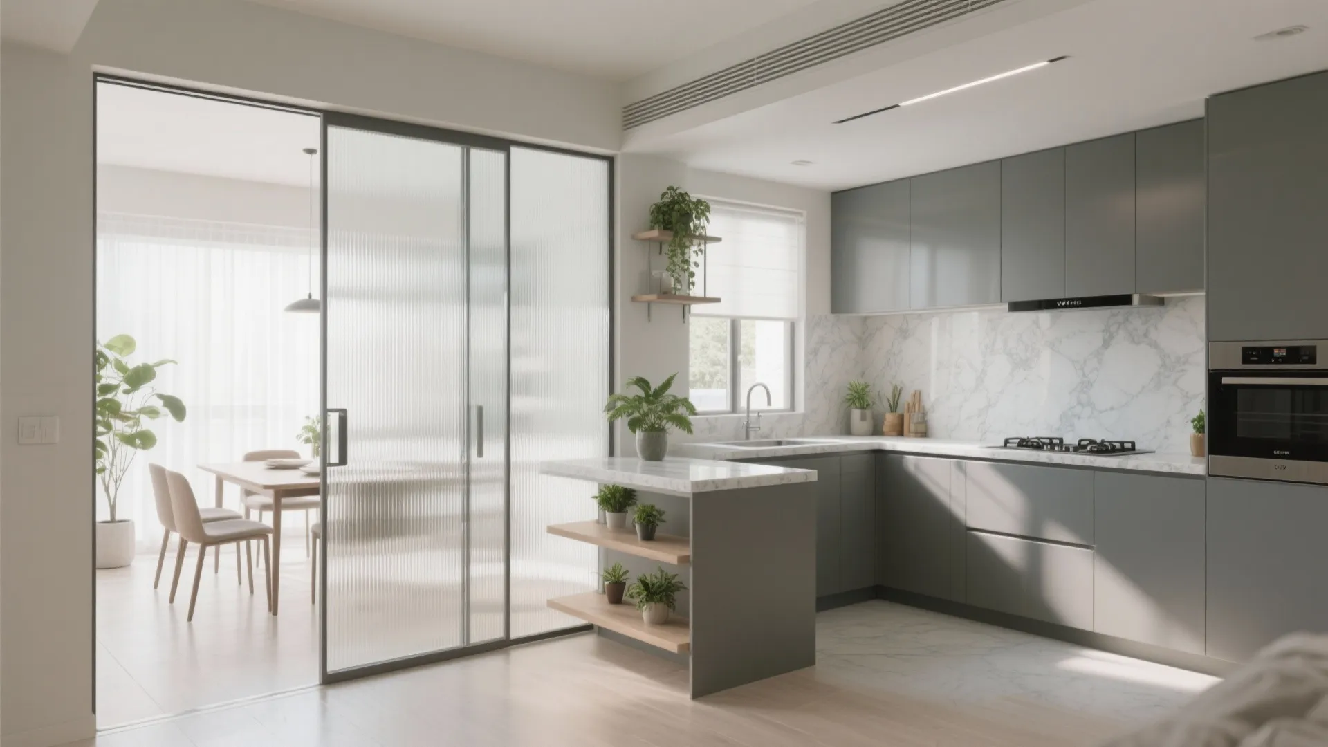 Modern grey kitchen with marble countertop glass sliding doors leading to a bright dining room