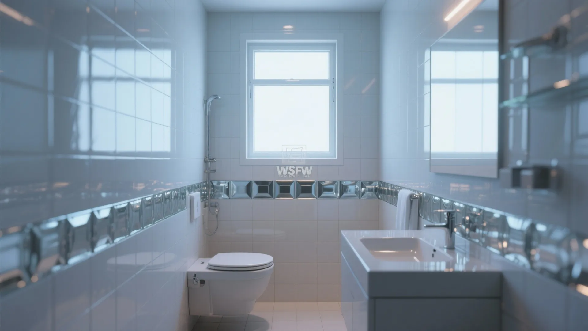 Small bathroom brightened with reflective glass listello tiles