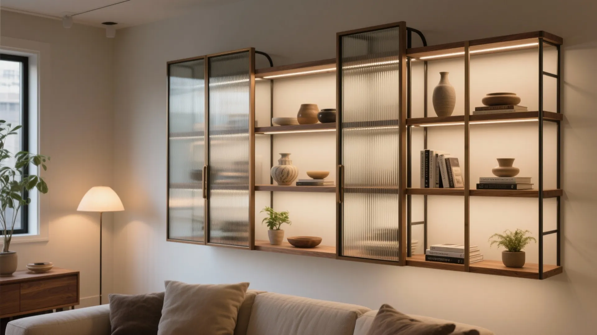 Glass-front cupboards with subtle lighting