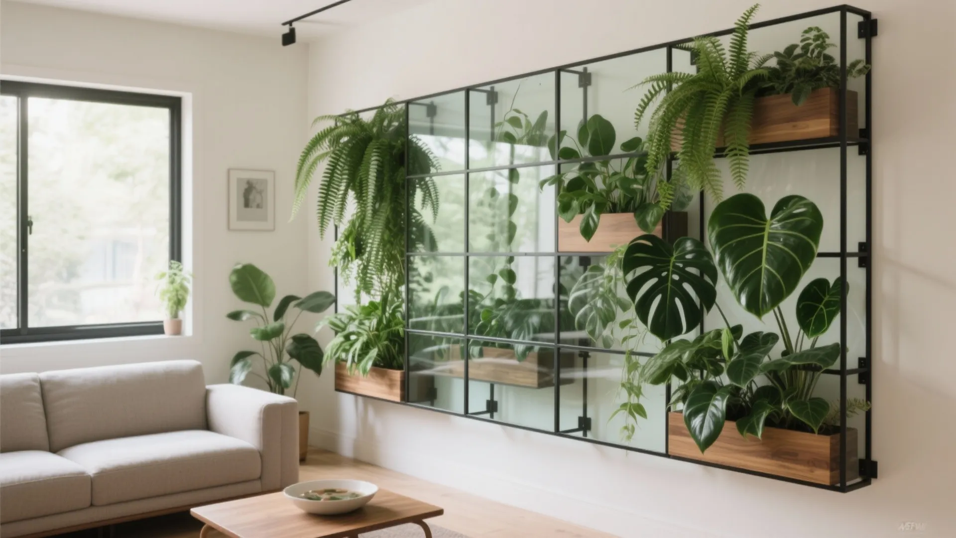 Glass-backed living wall for light and depth