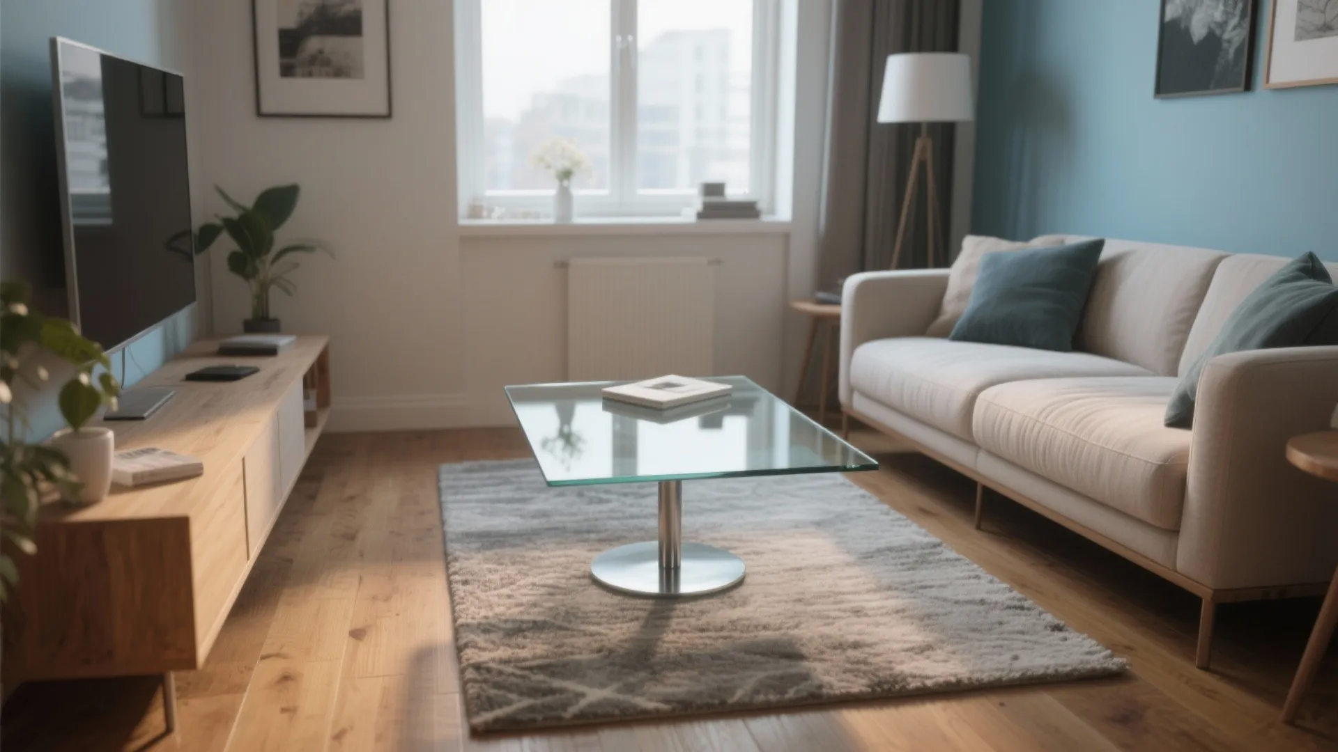 Modern living room featuring a square glass coffee table on a grey rug near beige sofa