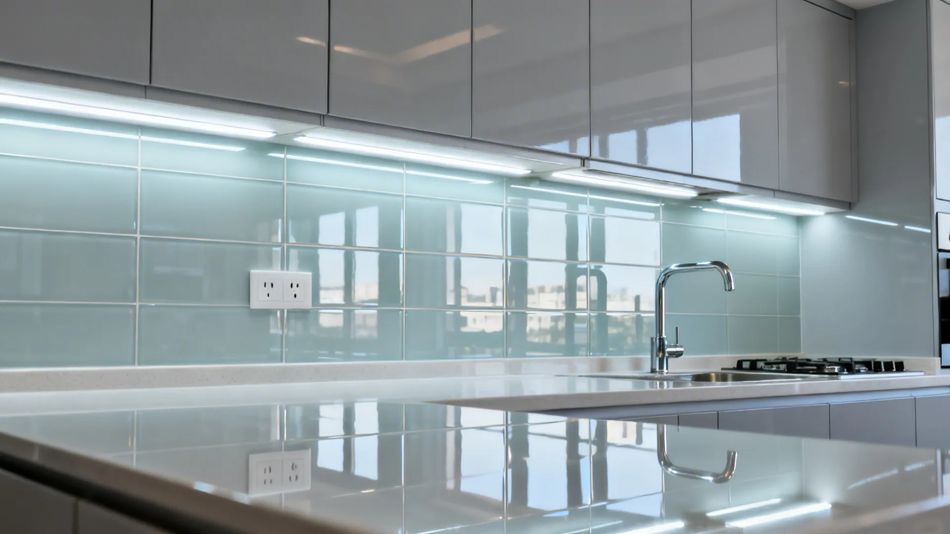 Modern kitchen with blue glass tile wall grey cabinets under cabinet lighting and chrome faucet