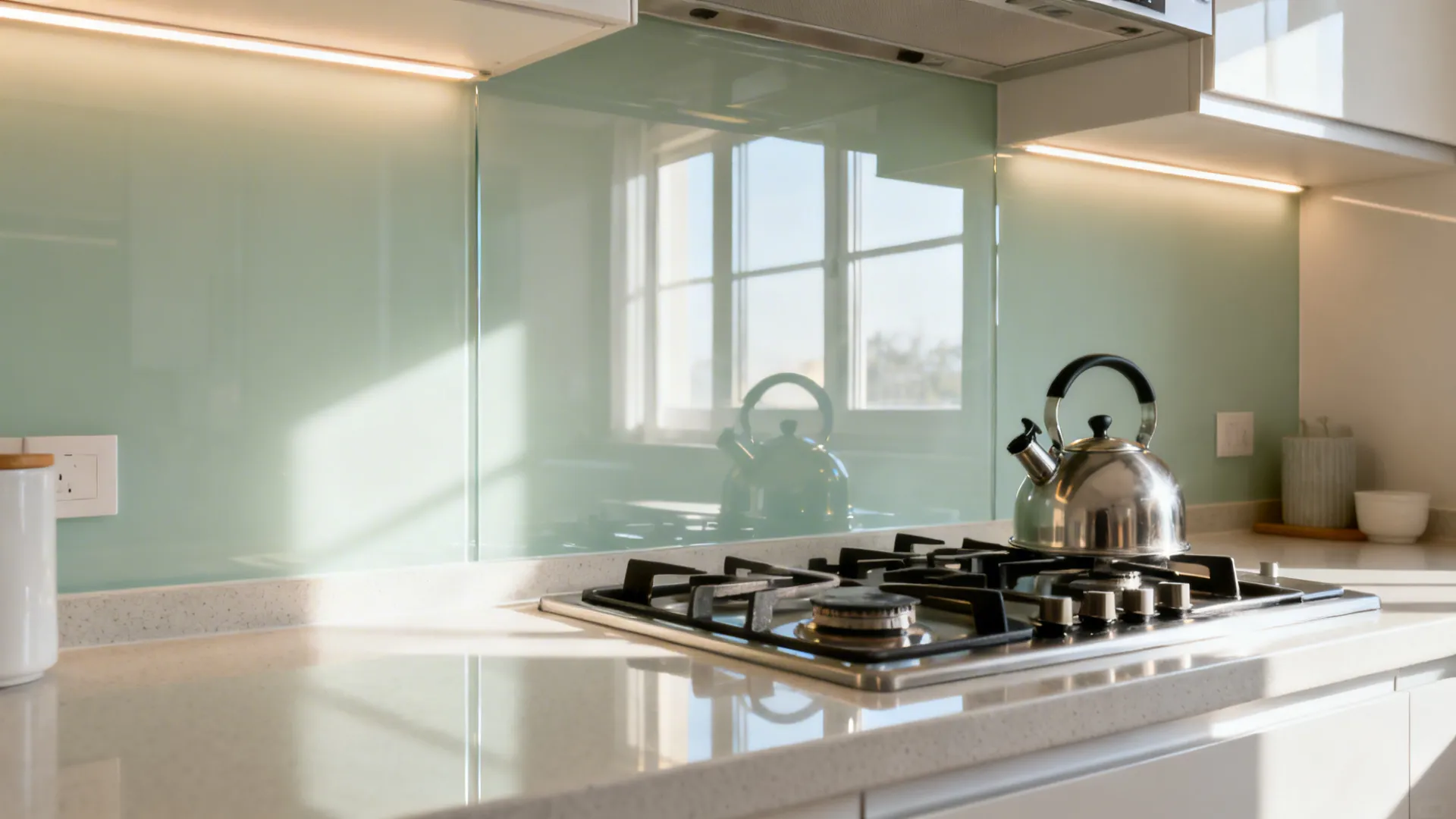 Compact kitchen with glossy light backsplash tiles reflecting daylight for a brighter feel.