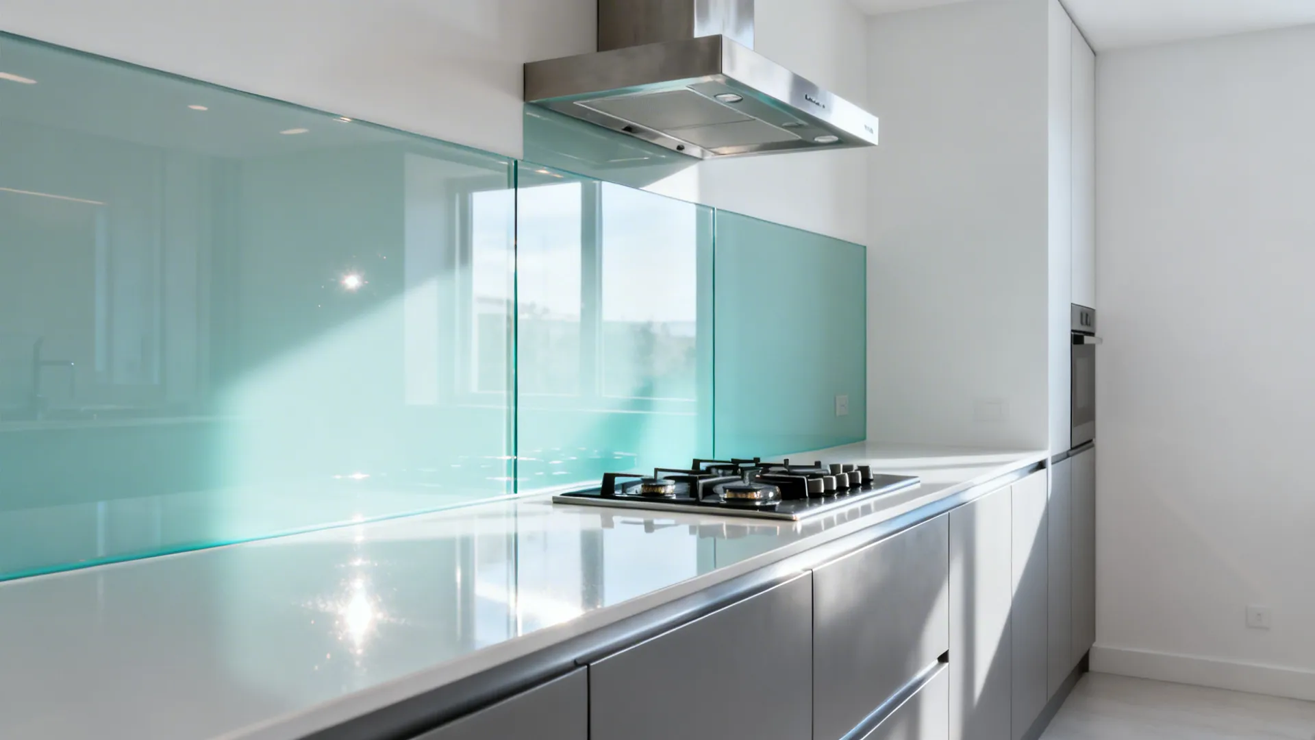 Back-painted glass-look sheet backsplash behind a compact cooktop reflecting soft daylight.